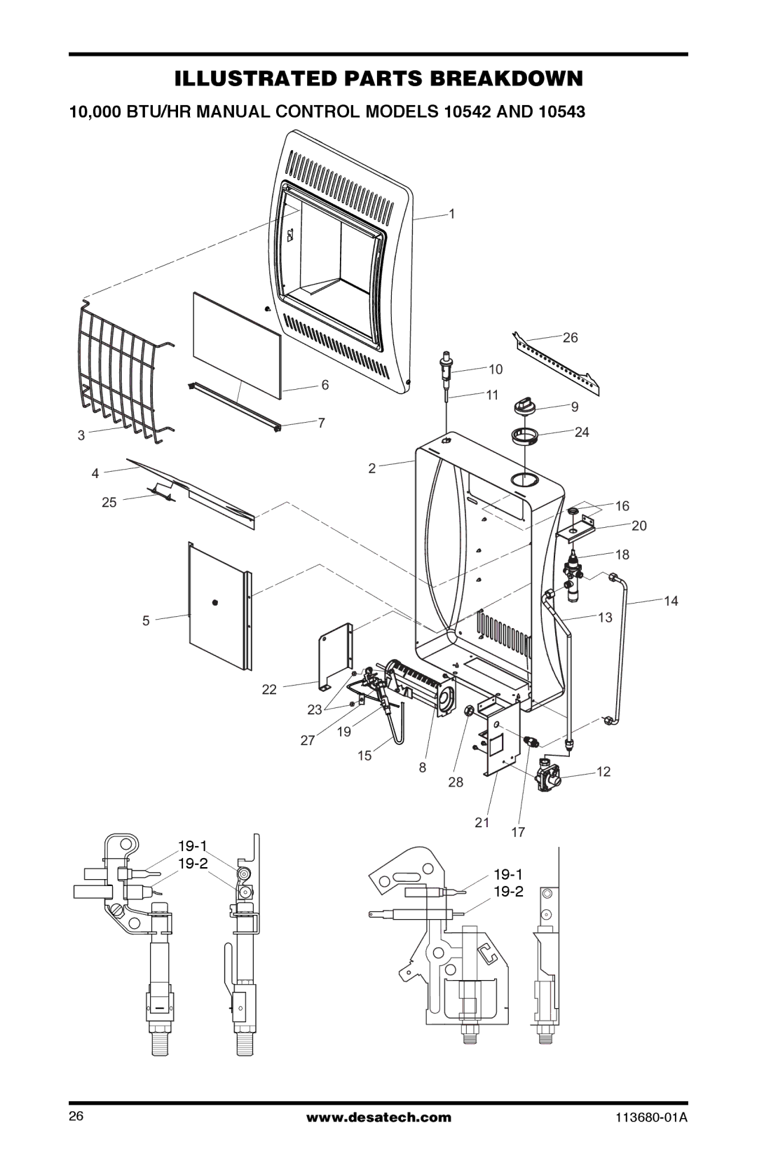 Desa installation manual Illustrated Parts Breakdown, 10,000 BTU/HR Manual Control Models 10542 