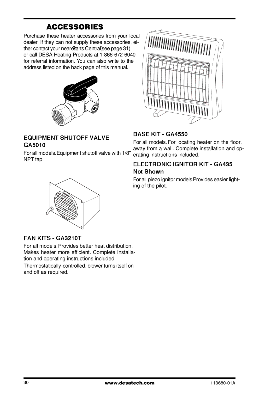 Desa 10542 installation manual Accessories, Equipment Shutoff Valve GA5010, FAN Kits GA3210T, Base KIT GA4550 