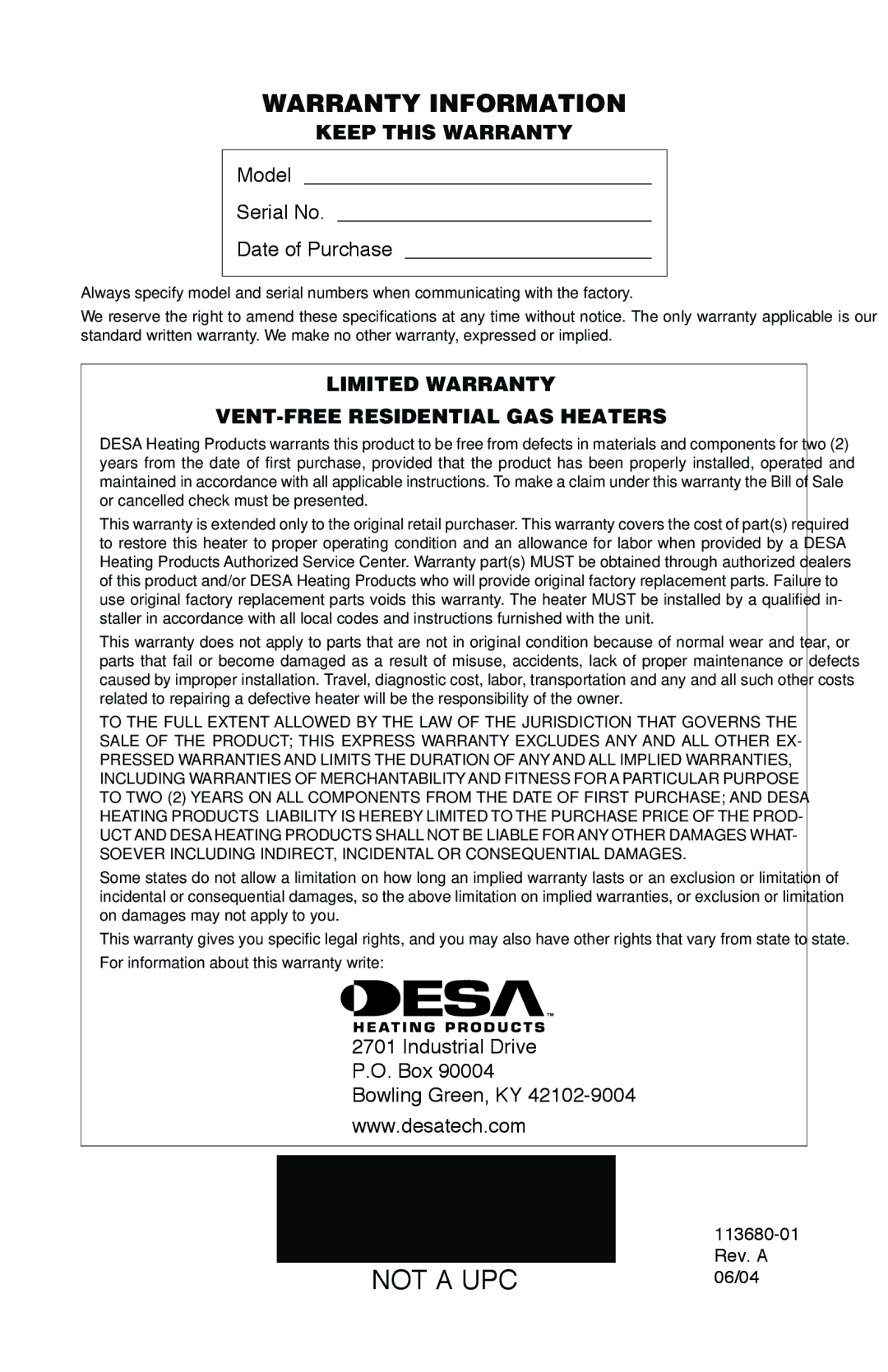 Desa 10542 installation manual Warranty Information, Keep this Warranty, Limited Warranty VENT-FREE Residential GAS Heaters 