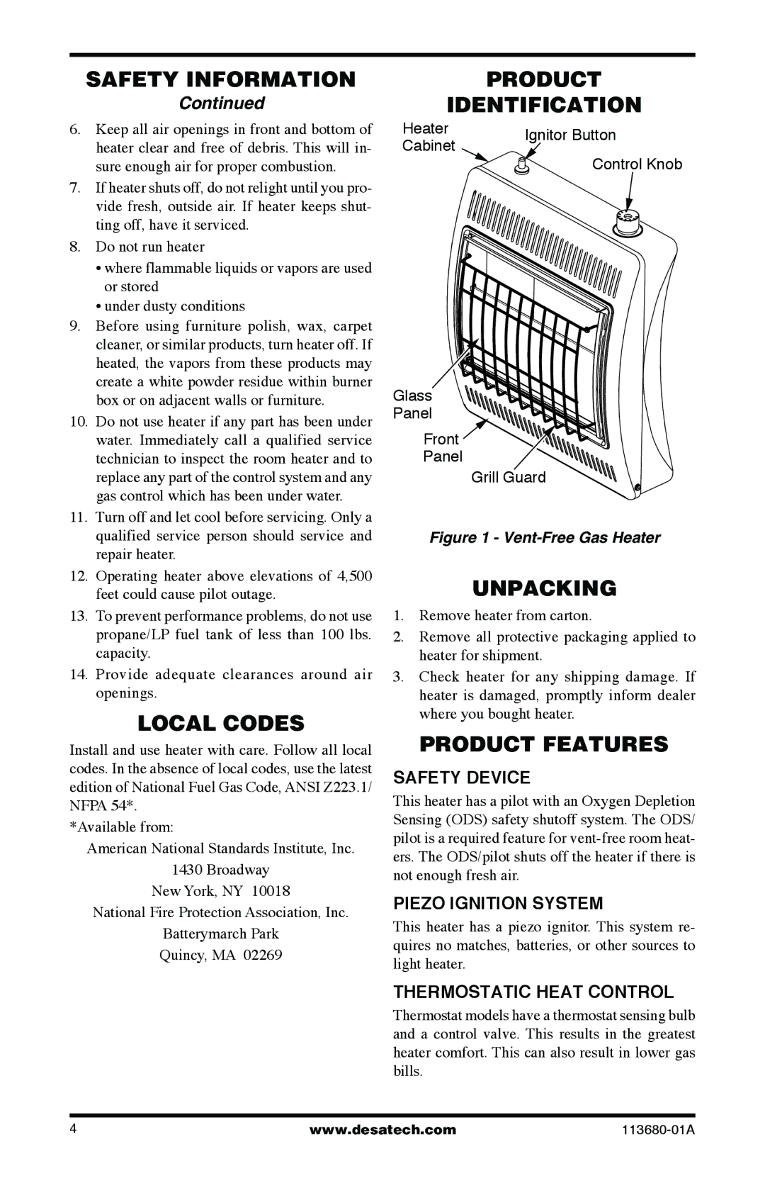 Desa 10542 installation manual Local Codes, Product Identification, Unpacking, Product Features 