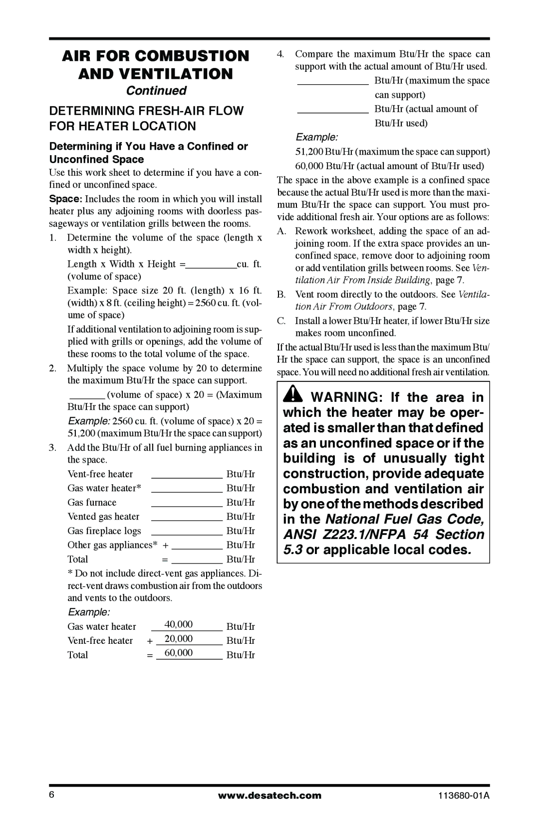 Desa 10542 Determining FRESH-AIR Flow for Heater Location, Determining if You Have a Confined or Unconfined Space 