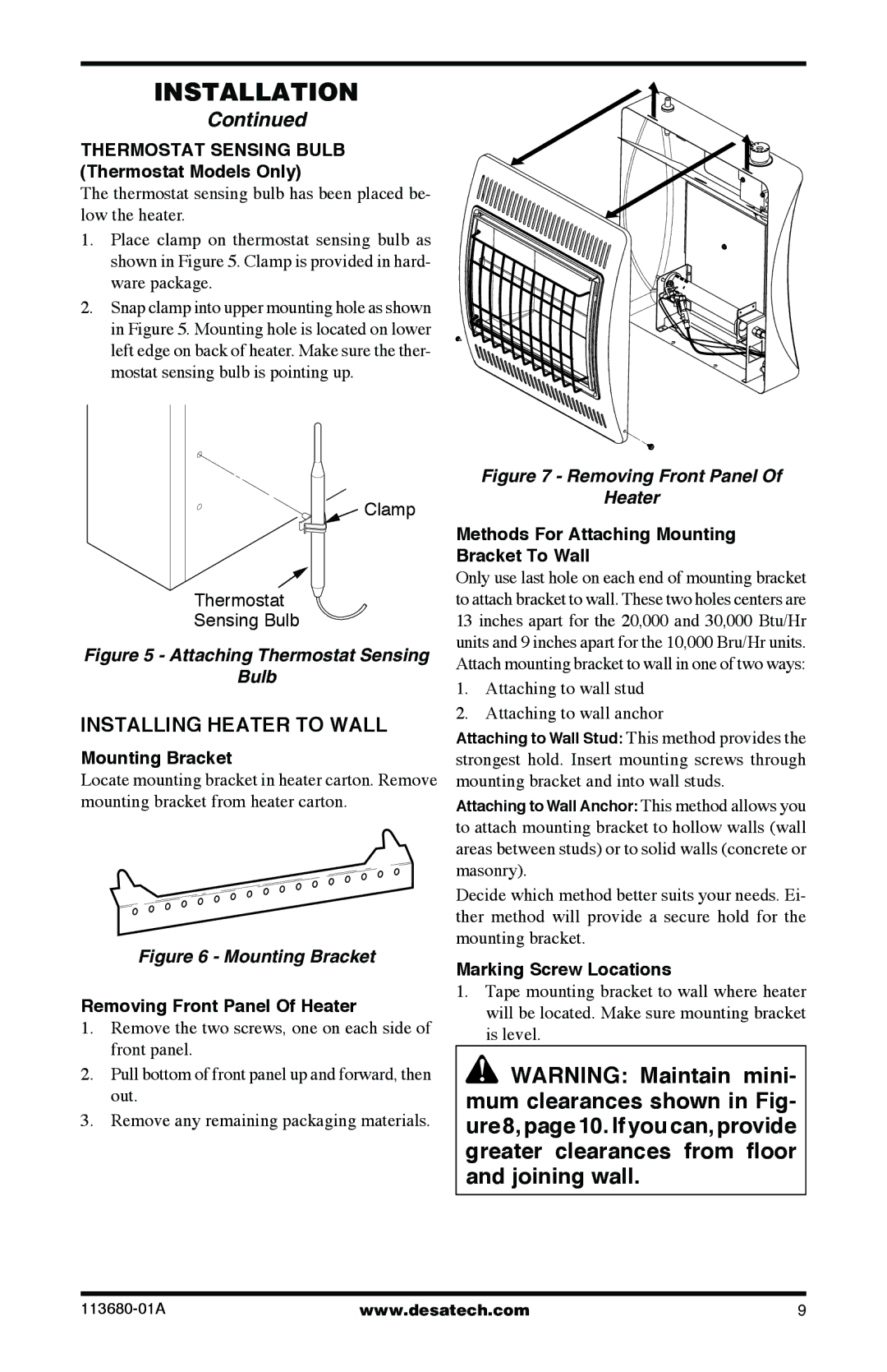 Desa 10542 installation manual Installing Heater to Wall 