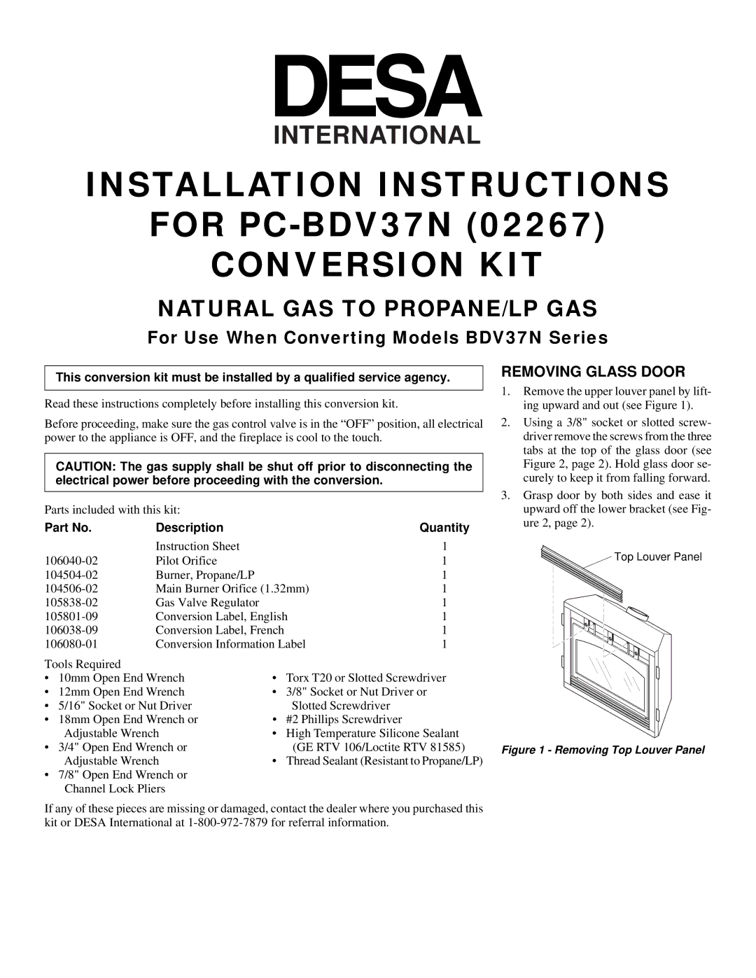 Desa 106080-01, 106040-02, 104506-02, 105801-09 installation instructions Natural GAS to PROPANE/LP GAS, Removing Glass Door 