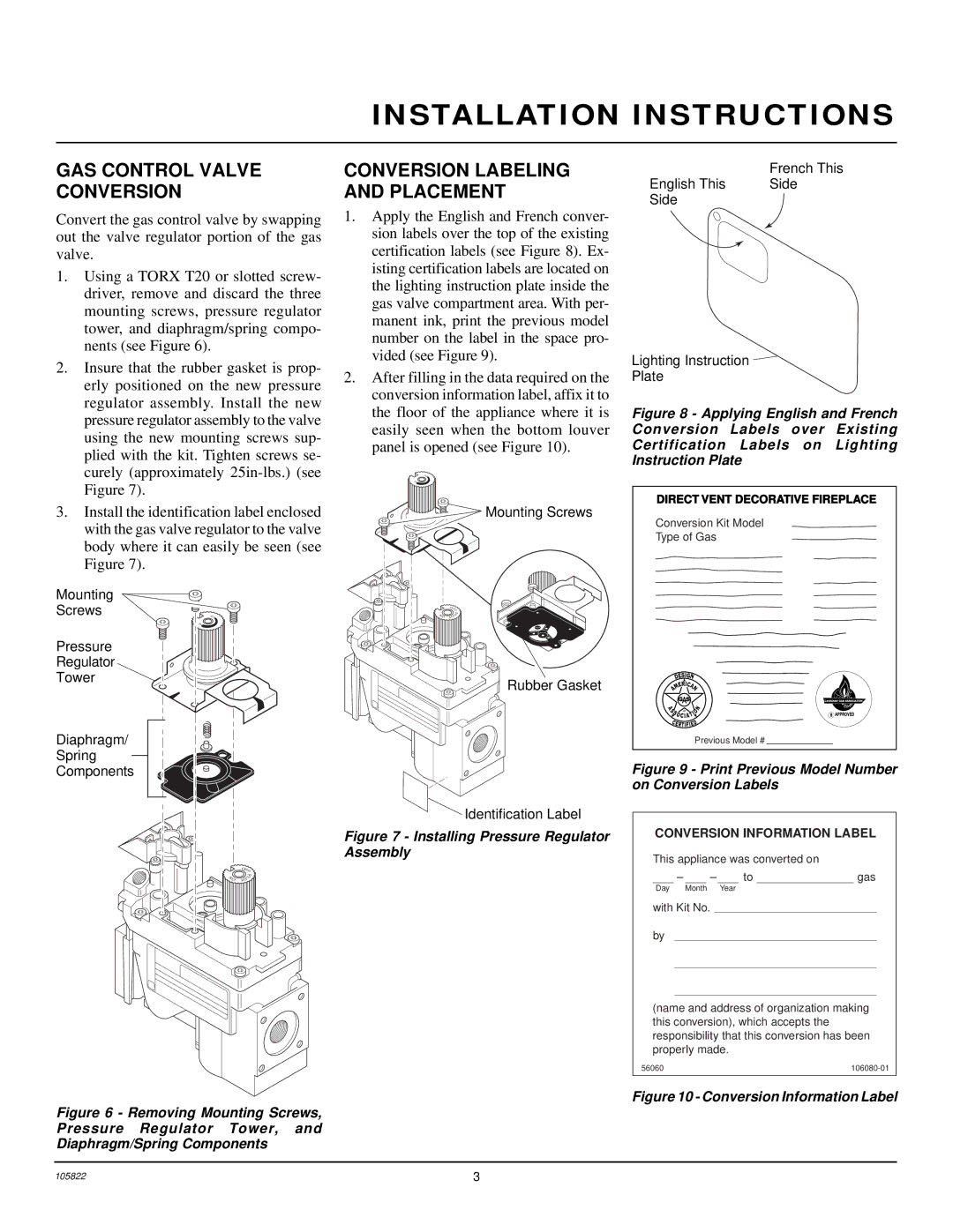 Desa 105801-09, 106040-02 Installation Instructions, GAS Control Valve Conversion, Conversion Labeling and Placement 