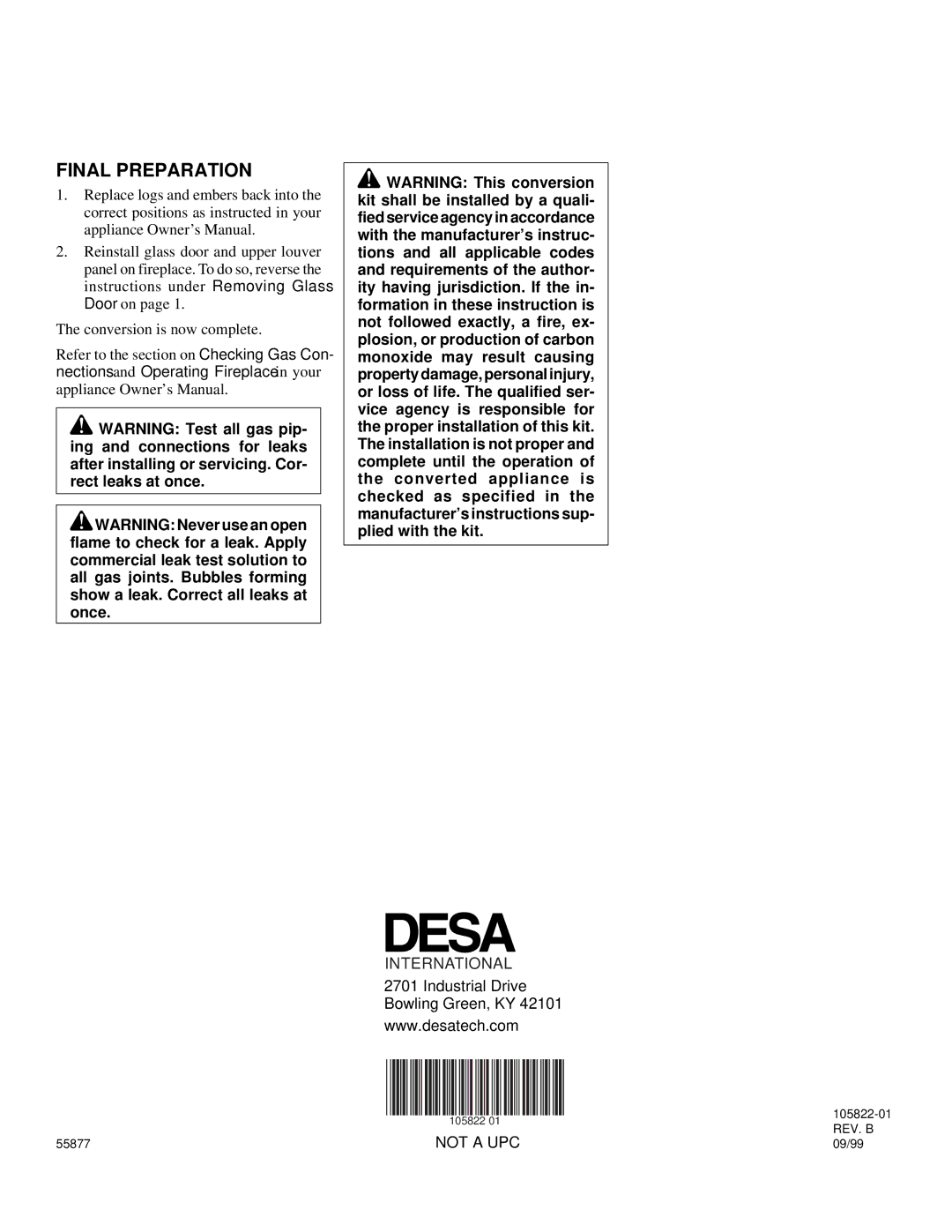 Desa 104504-02, 106040-02, 106080-01, 104506-02, 105801-09, 105838-02, 106038-09 installation instructions Final Preparation 