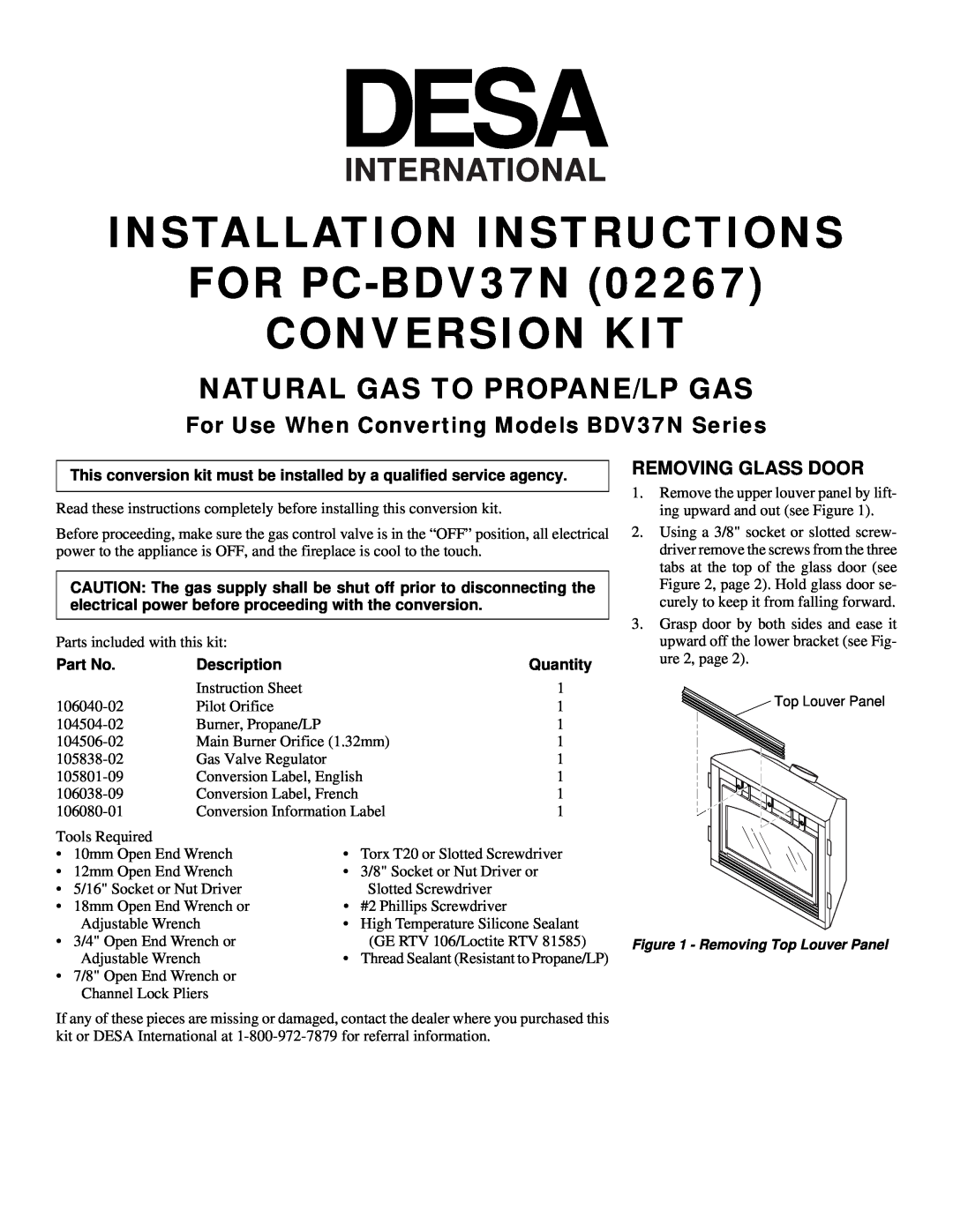 Desa 106080-01 installation instructions Natural Gas To Propane/Lp Gas, Removing Glass Door, Conversion Kit, International 
