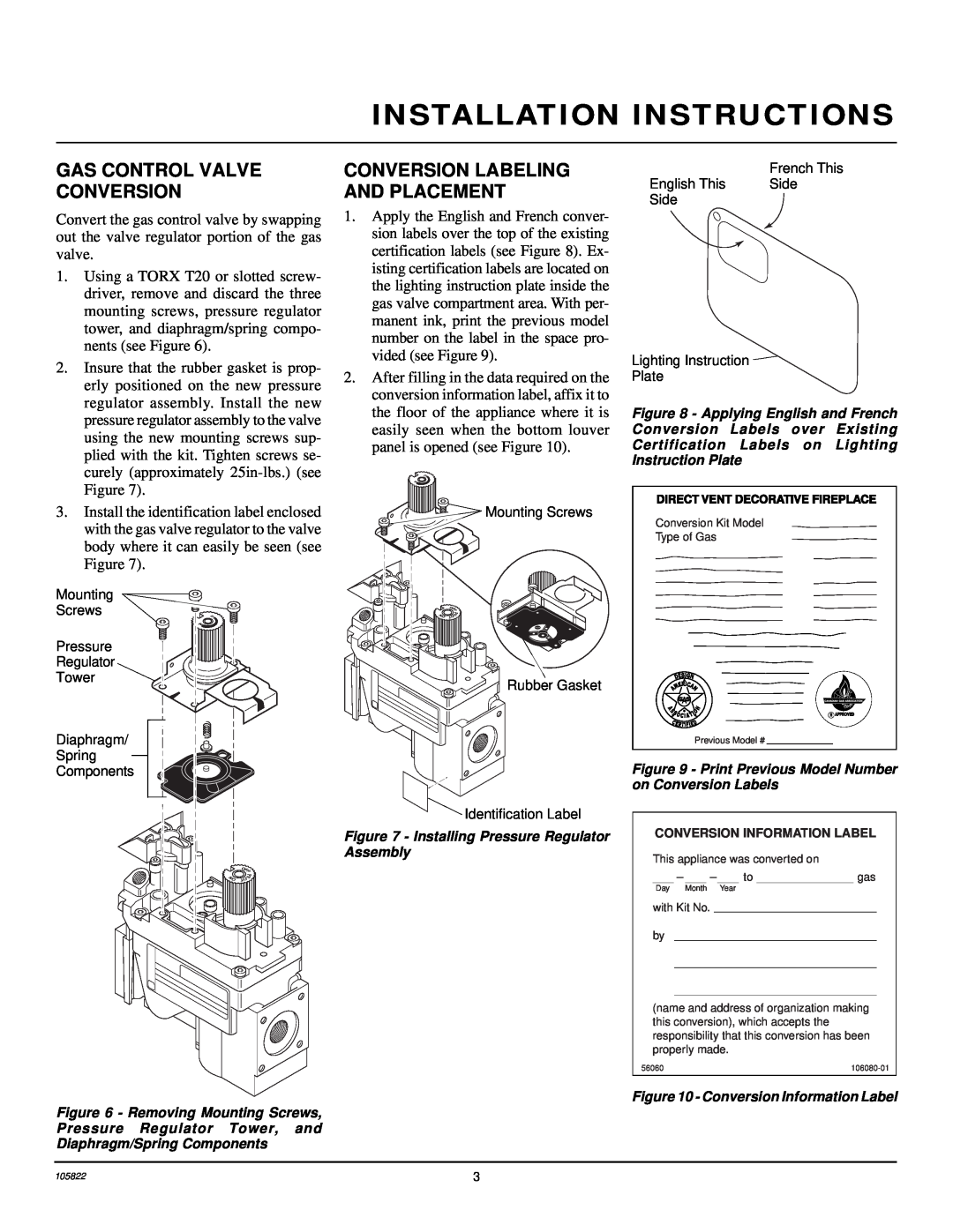 Desa 105801-09, 106040-02 Installation Instructions, Gas Control Valve Conversion, Conversion Labeling And Placement 