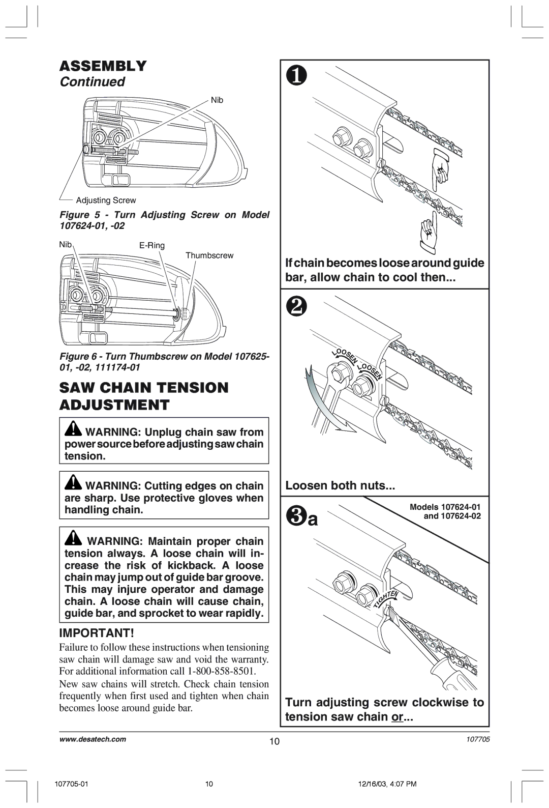 Desa 107624-01 owner manual SAW Chain Tension Adjustment, Turn adjusting screw clockwise to Tension saw chain or 