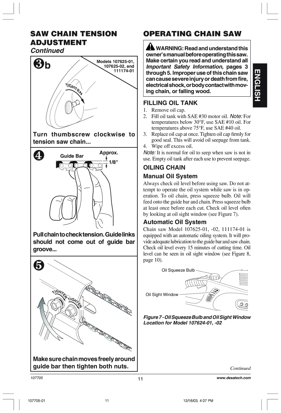 Desa 107624-01 owner manual Operating Chain SAW, Filling OIL Tank, Oiling Chain 