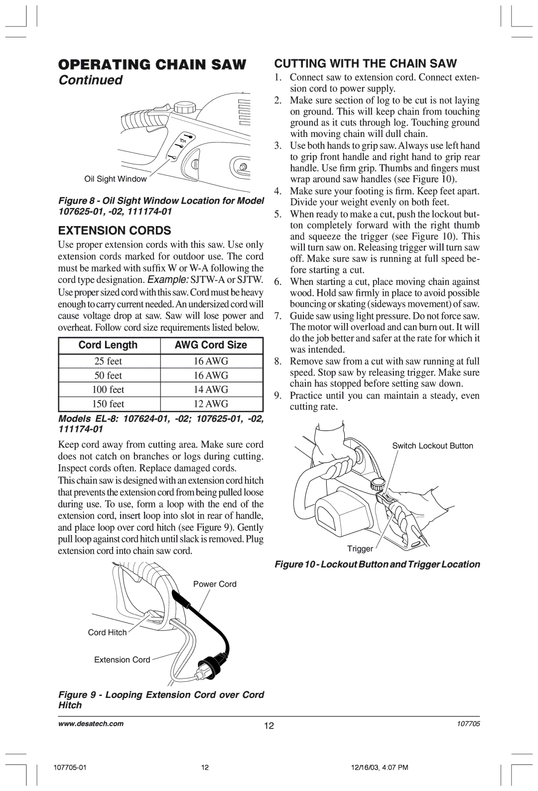 Desa 107624-01 owner manual Extension Cords, Cutting with the Chain SAW, Cord Length AWG Cord Size 