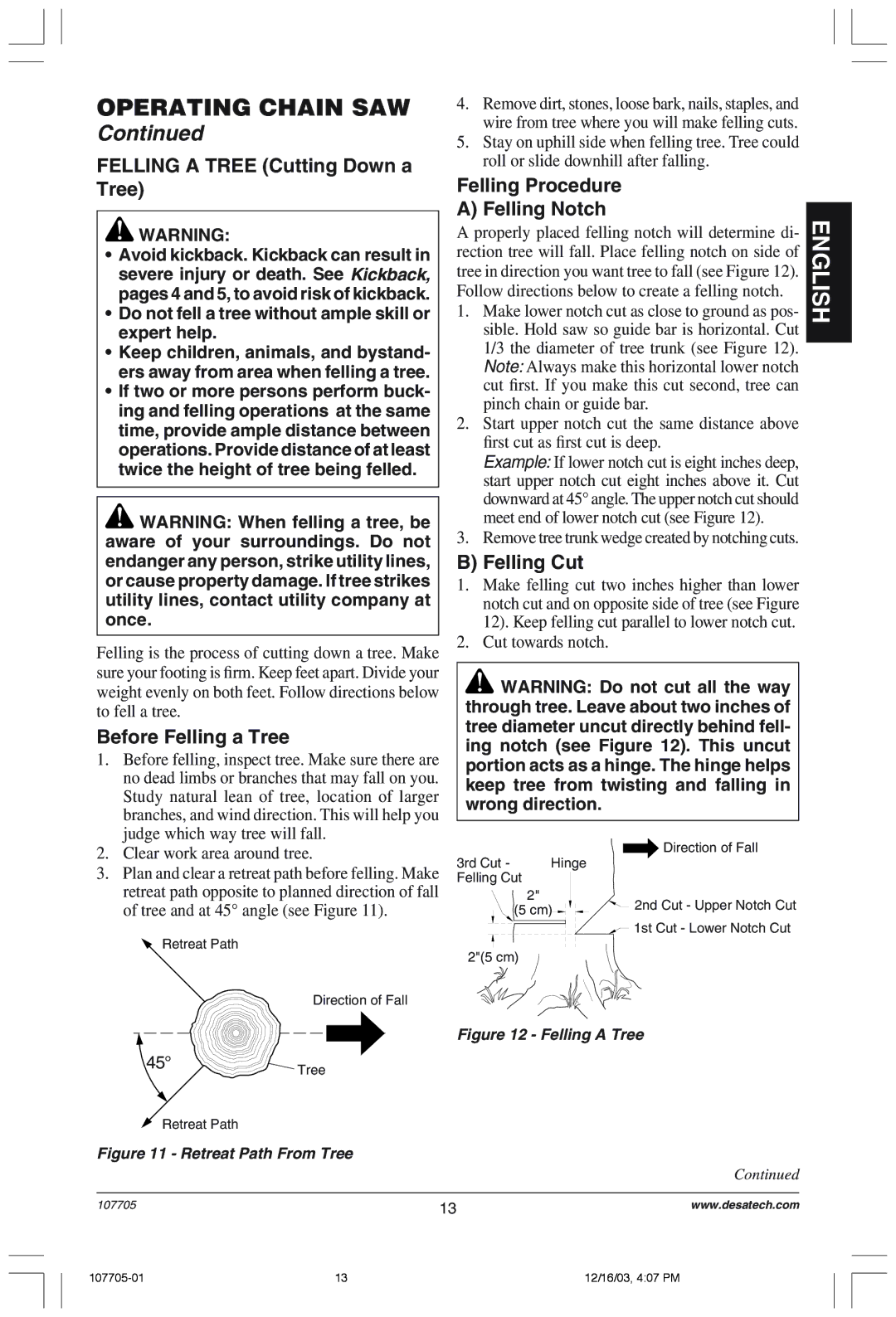 Desa 107624-01 Felling a Tree Cutting Down a Tree, Before Felling a Tree, Felling Procedure Felling Notch, Felling Cut 