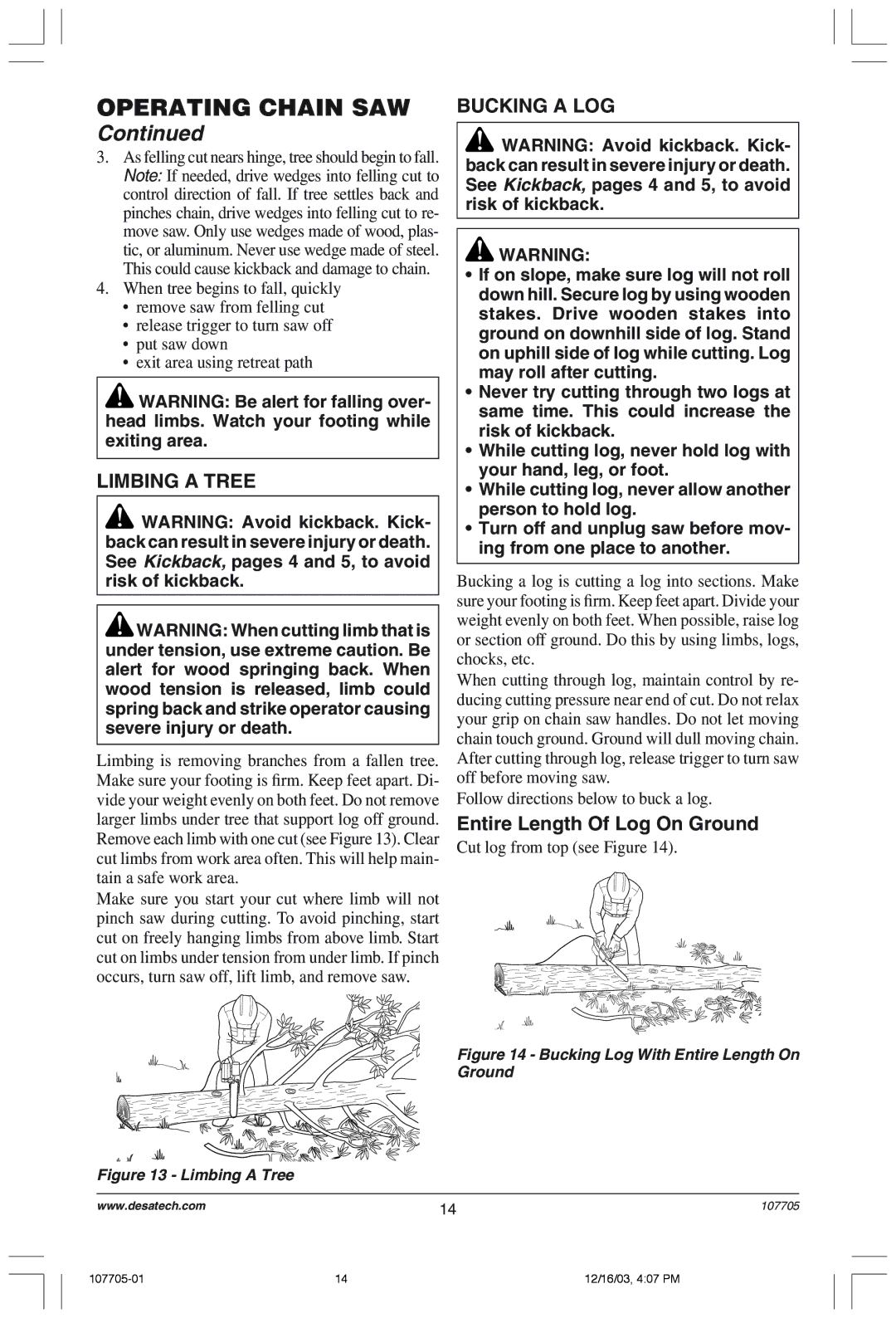 Desa 107624-01 owner manual Limbing a Tree, Bucking a LOG, Entire Length Of Log On Ground, Cut log from top see Figure 