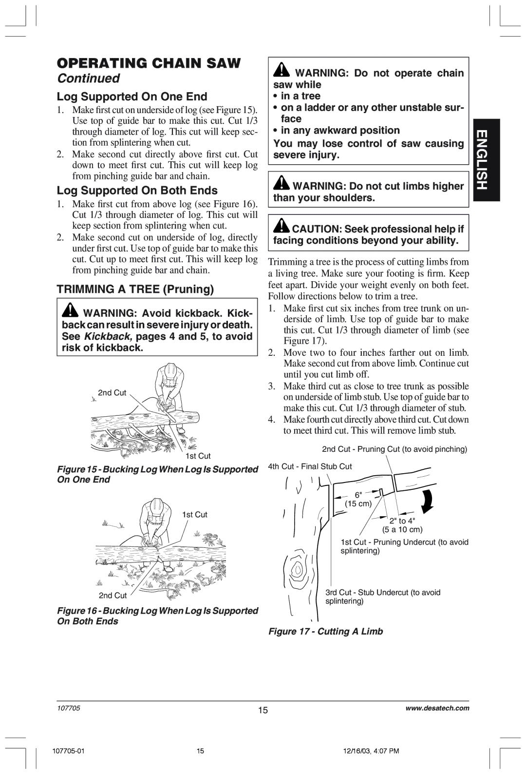 Desa 107624-01 owner manual Log Supported On One End, Log Supported On Both Ends, Trimming a Tree Pruning 