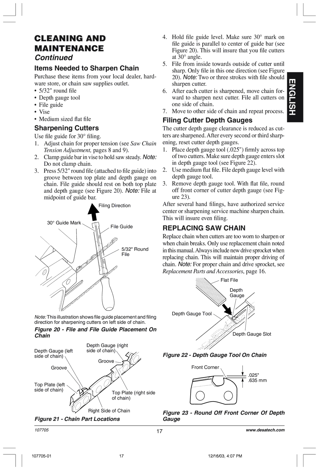 Desa 107624-01 Items Needed to Sharpen Chain, Sharpening Cutters, Filing Cutter Depth Gauges, Replacing SAW Chain 