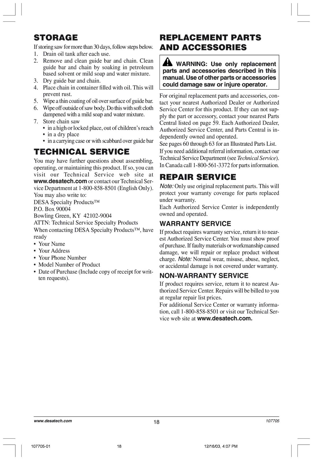 Desa 107624-01 owner manual Storage, Technical Service, Replacement Parts and Accessories, Repair Service 