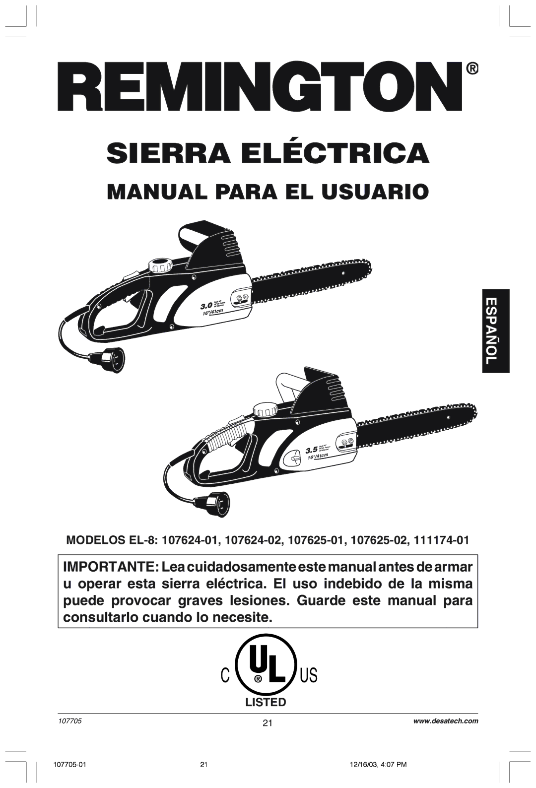 Desa 107624-01 owner manual Sierra Eléctrica 