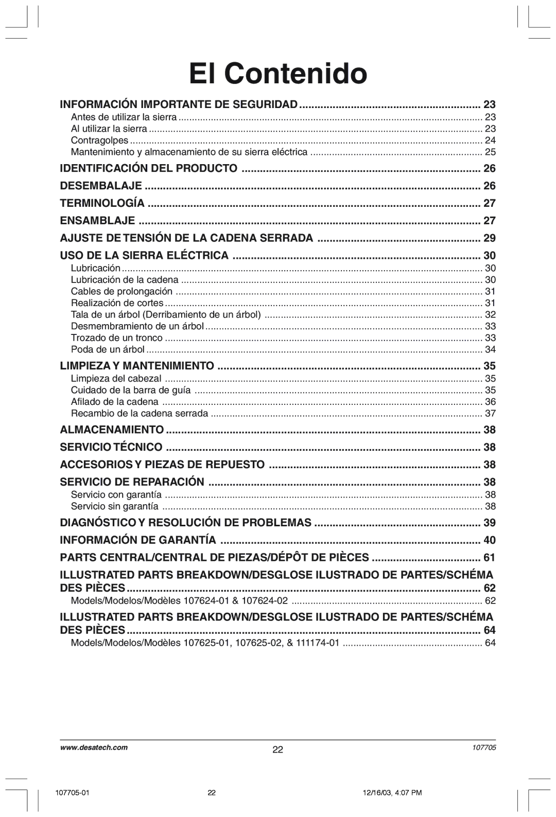 Desa 107624-01 Desembalaje, Ensamblaje, Limpieza Y Mantenimiento, Almacenamiento, Accesorios Y Piezas DE Repuesto 