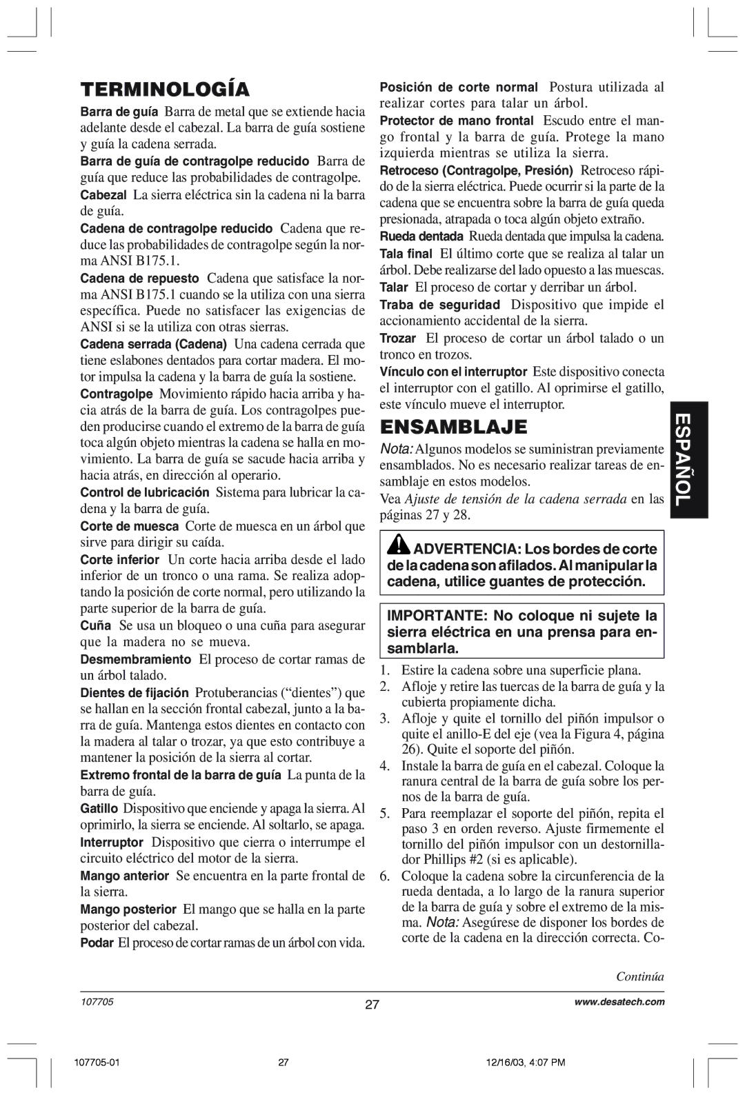 Desa 107624-01 owner manual Terminología, Ensamblaje 