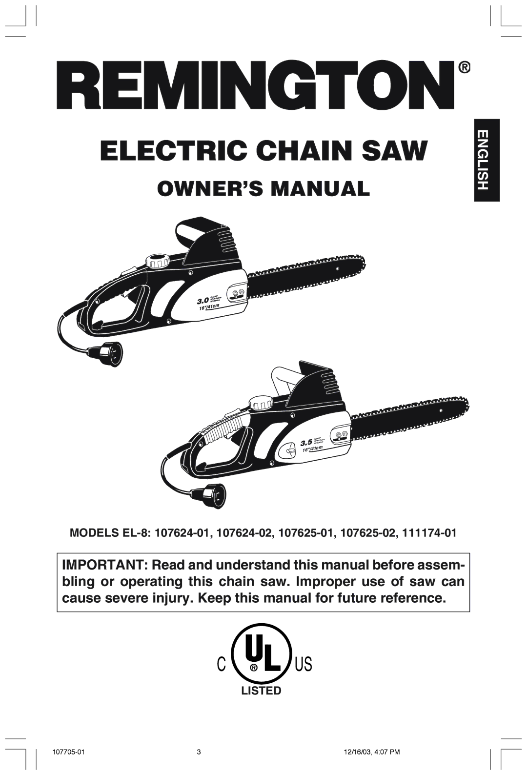 Desa 107624-01 owner manual Electric Chain SAW, Listed 