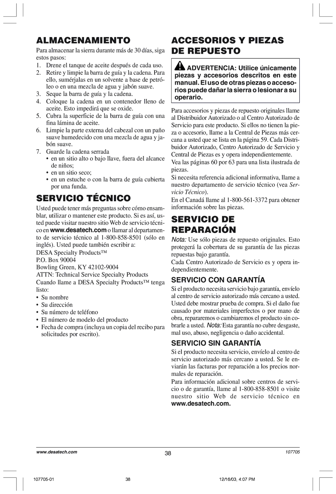 Desa 107624-01 owner manual Almacenamiento, Servicio Técnico, Accesorios Y Piezas DE Repuesto, Servicio DE Reparación 