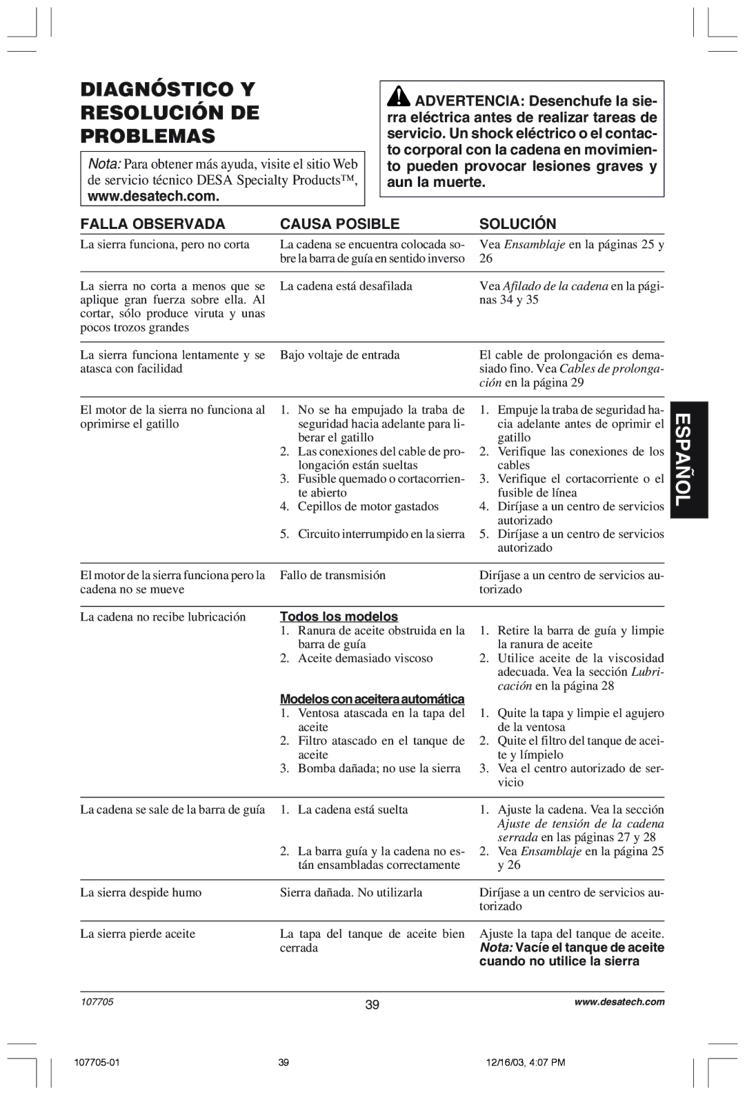 Desa 107624-01 owner manual Diagnóstico Y Resolución DE Problemas, Falla Observada Causa Posible, SOLUCIîN 