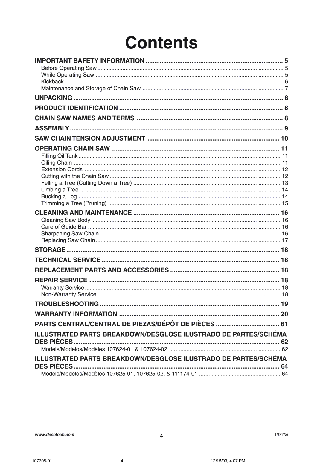 Desa 107624-01 owner manual Contents 