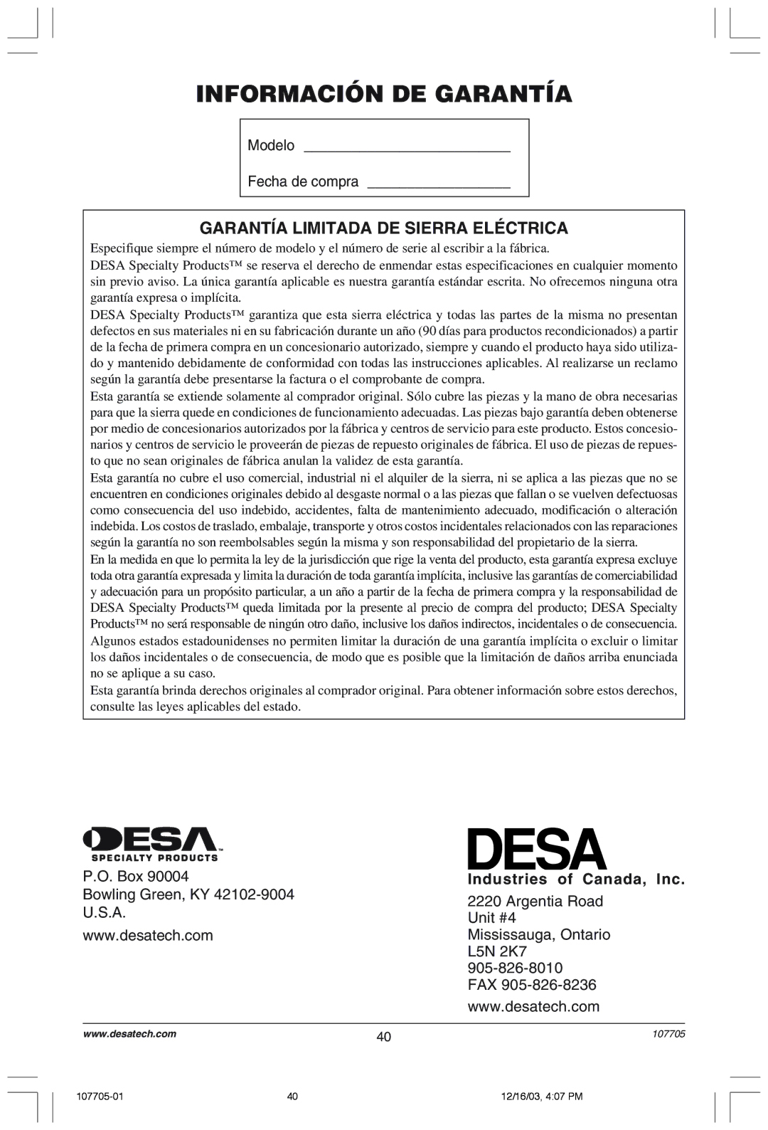 Desa 107624-01 owner manual Información DE Garantía, GARANTêA Limitada DE Sierra ELƒCTRICA 