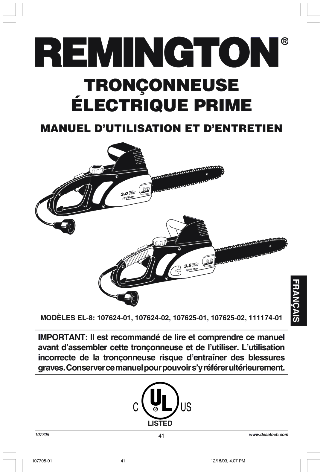 Desa owner manual Tronçonneuse Électrique Prime, MODéLES EL-8 107624-01, 107624-02, 107625-01, 107625-02 