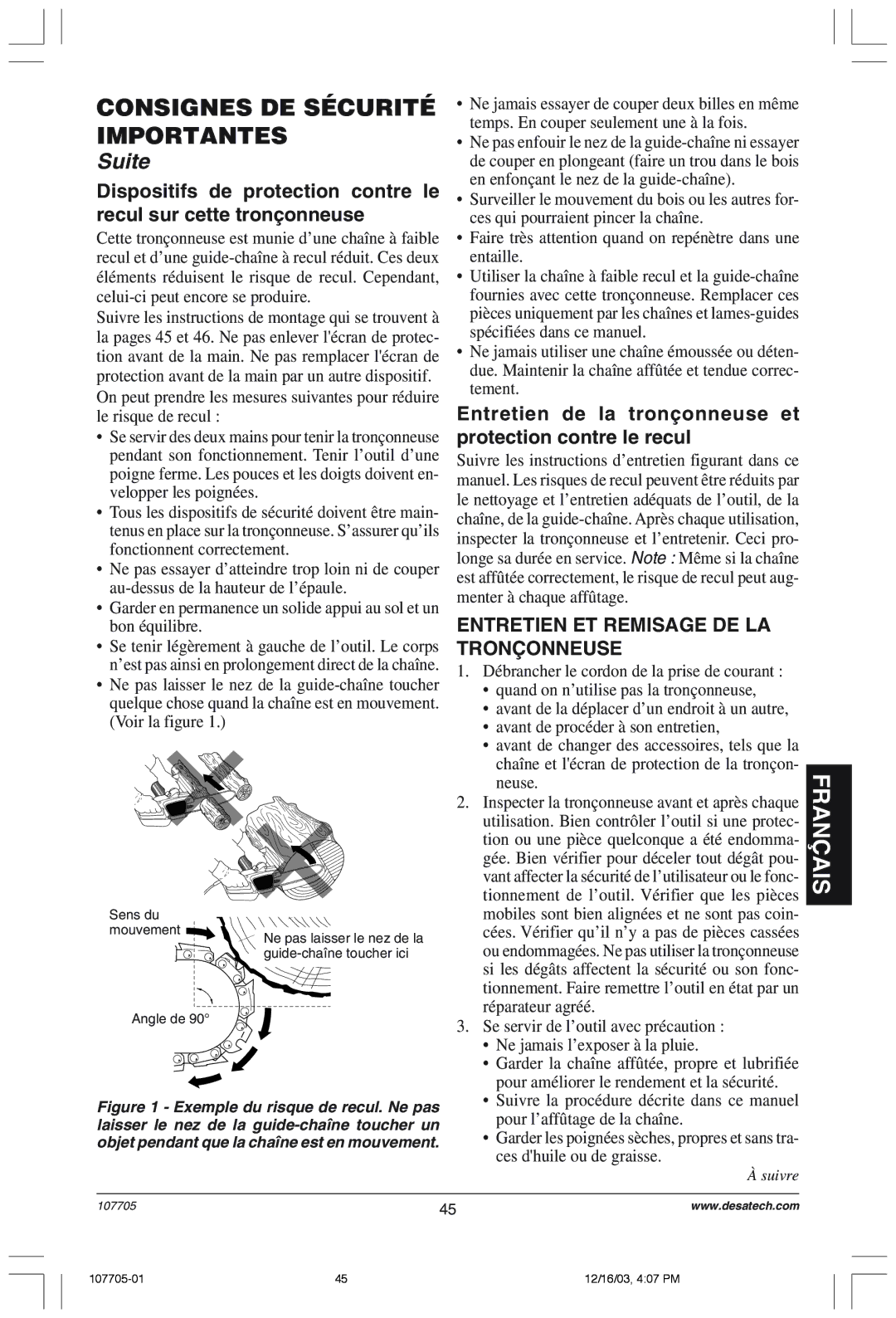 Desa 107624-01 Entretien de la trononneuse et protection contre le recul, Entretien ET Remisage DE LA TRON‚ONNEUSE 