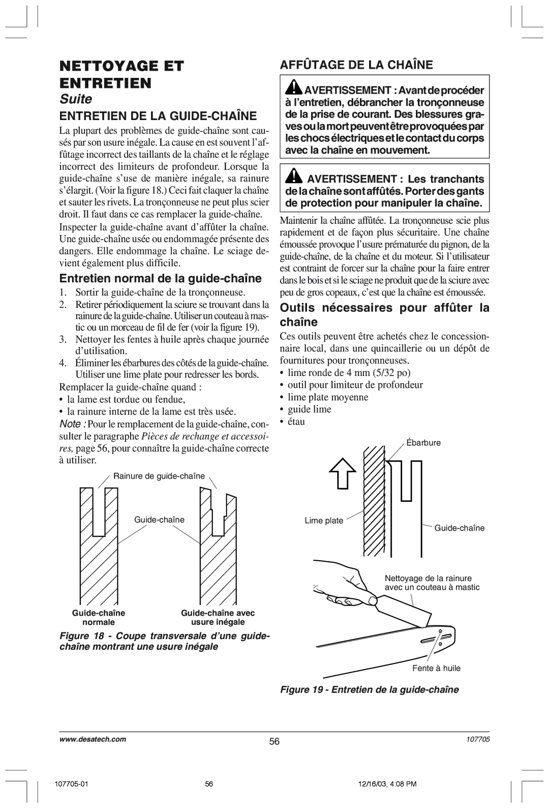 Desa 107624-01 owner manual Entretien DE LA GUIDE-CHAëNE, Entretien normal de la guide-chane, AFFóTAGE DE LA CHAëNE 