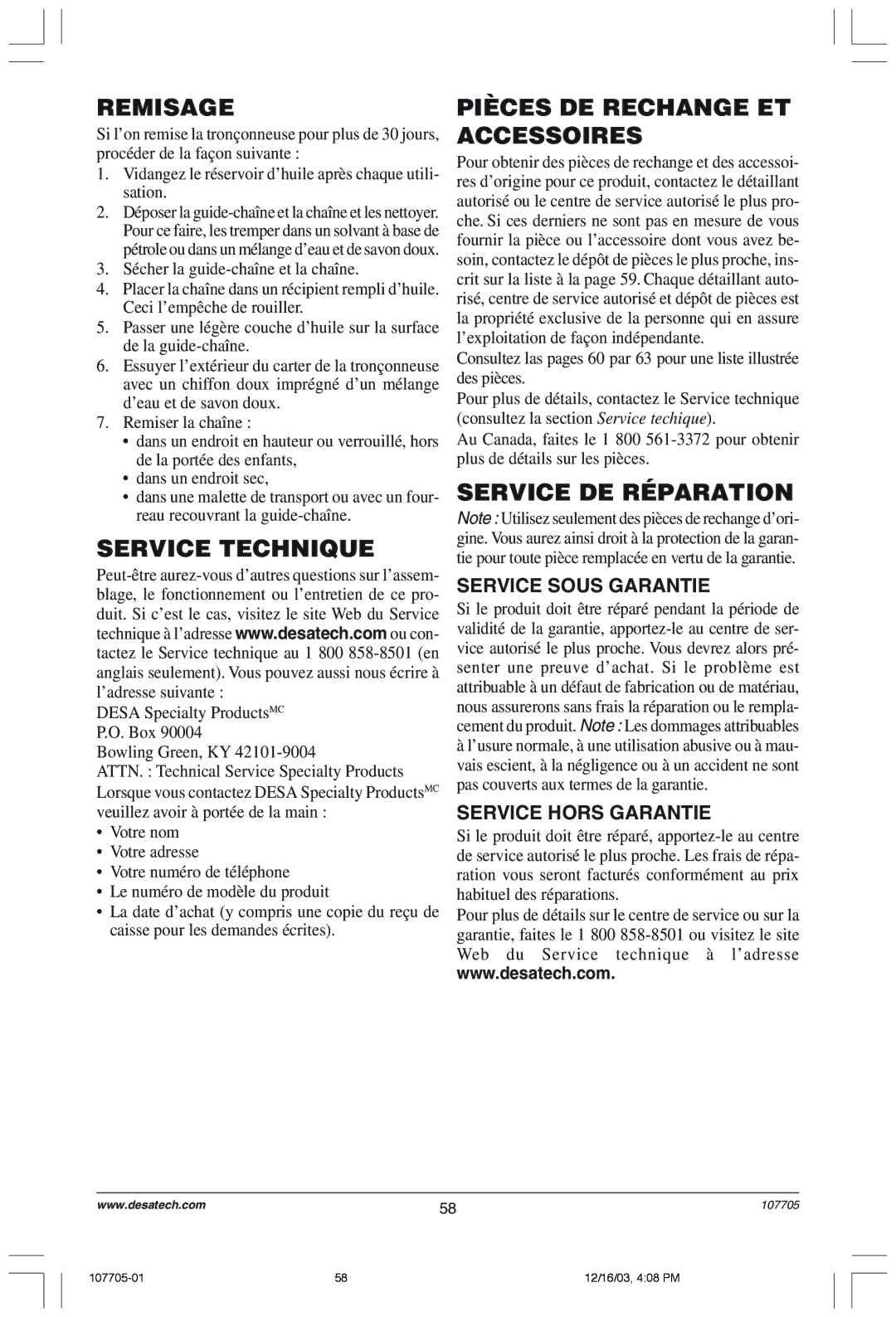 Desa 107624-01 owner manual Remisage, Service Technique, Pièces DE Rechange ET Accessoires, Service DE Réparation 