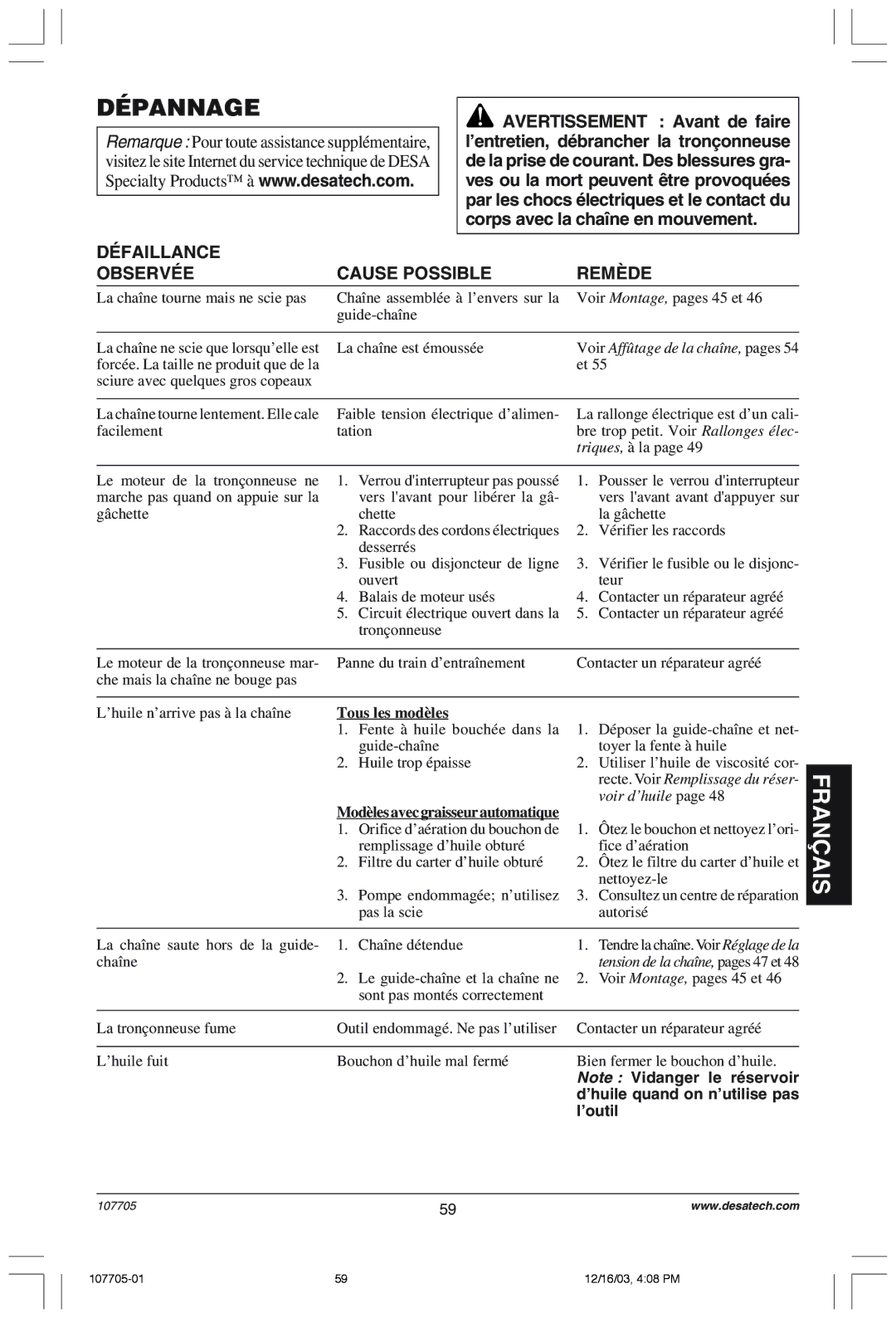 Desa 107624-01 owner manual Dépannage, DƒFAILLANCE OBSERVƒE, Cause Possible, REMéDE 