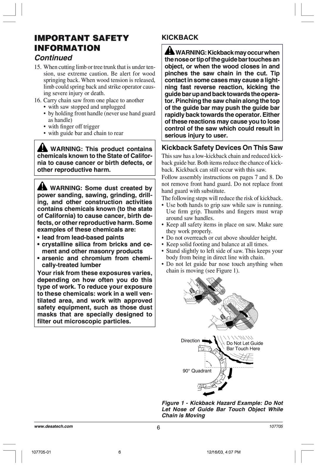 Desa 107624-01 owner manual Kickback Safety Devices On This Saw 