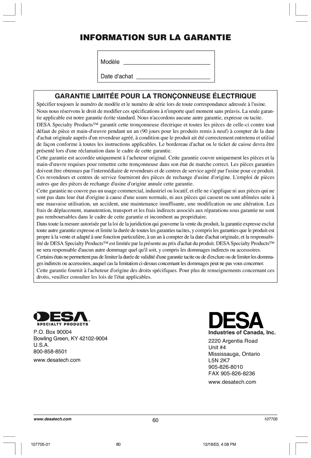 Desa 107624-01 owner manual Information SUR LA Garantie, Garantie LIMITƒE Pour LA TRON‚ONNEUSE ƒLECTRIQUE 