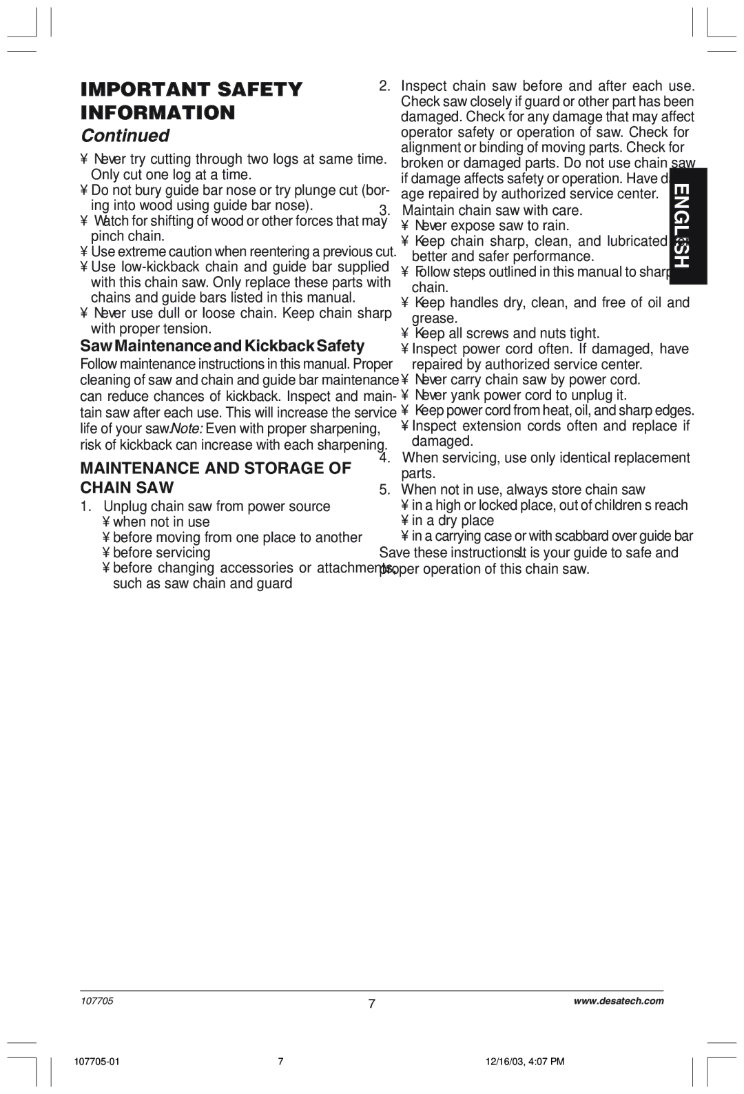 Desa 107624-01 owner manual Maintenance and Storage of Chain SAW, Saw Maintenance and Kickback Safety, ¥ in a dry place 