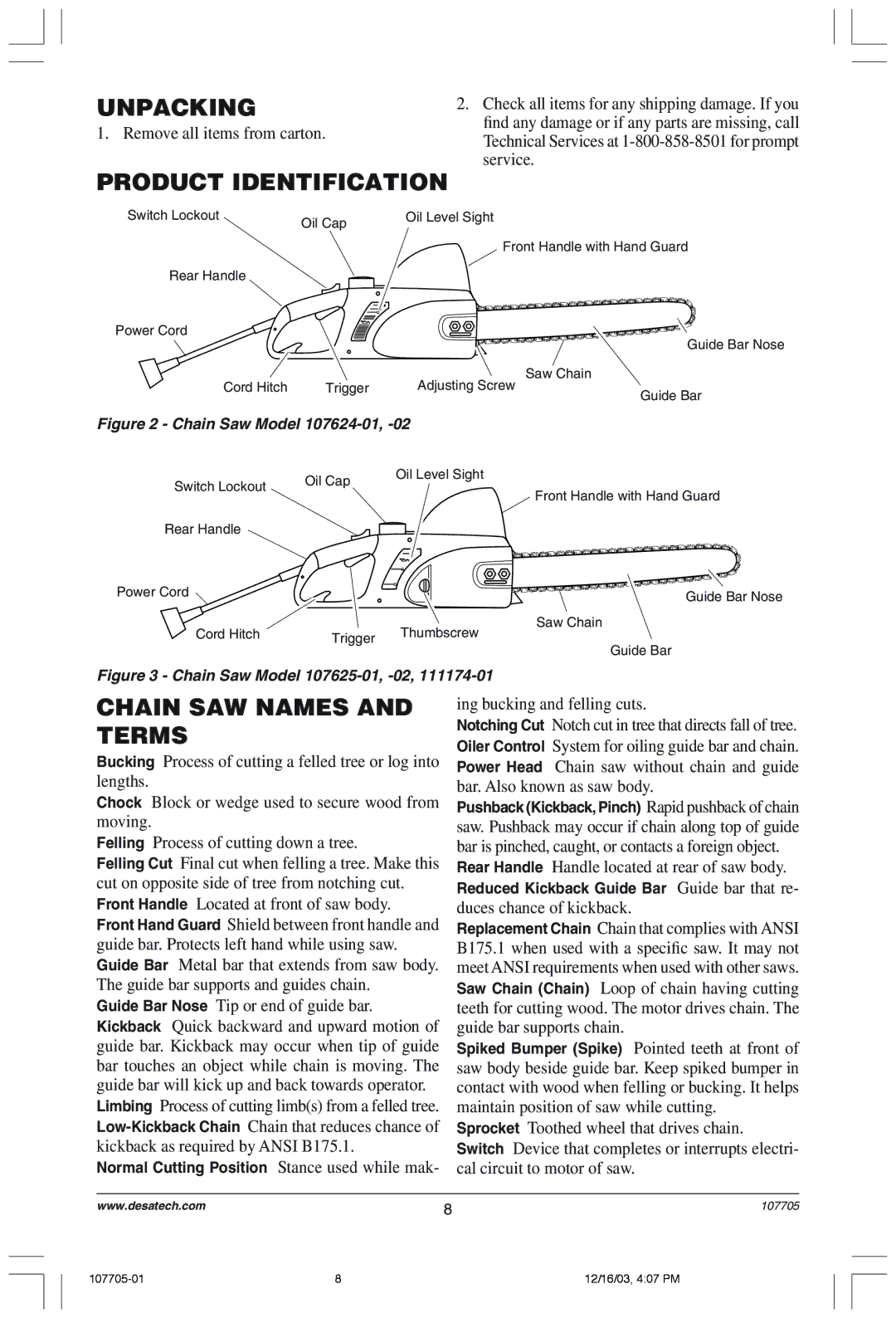 Desa 107624-01 owner manual Unpacking, Product Identification, Chain SAW Names and Terms 