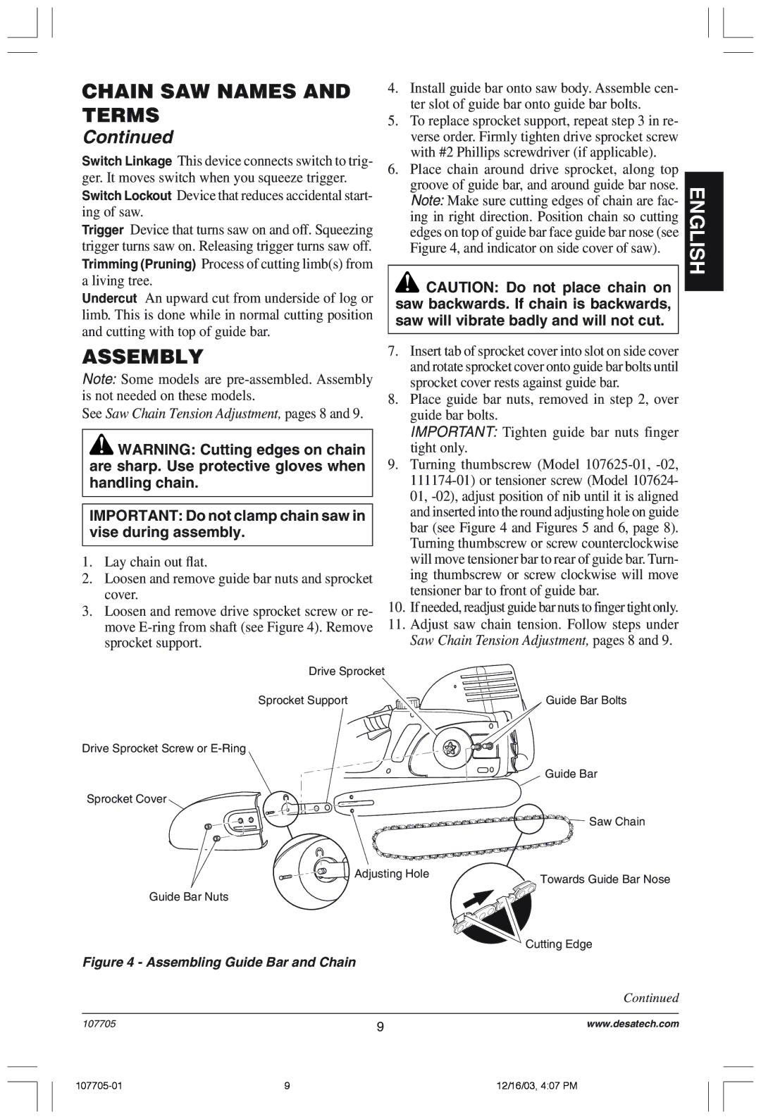 Desa 107624-01 owner manual Assembly, Important Do not clamp chain saw in vise during assembly 