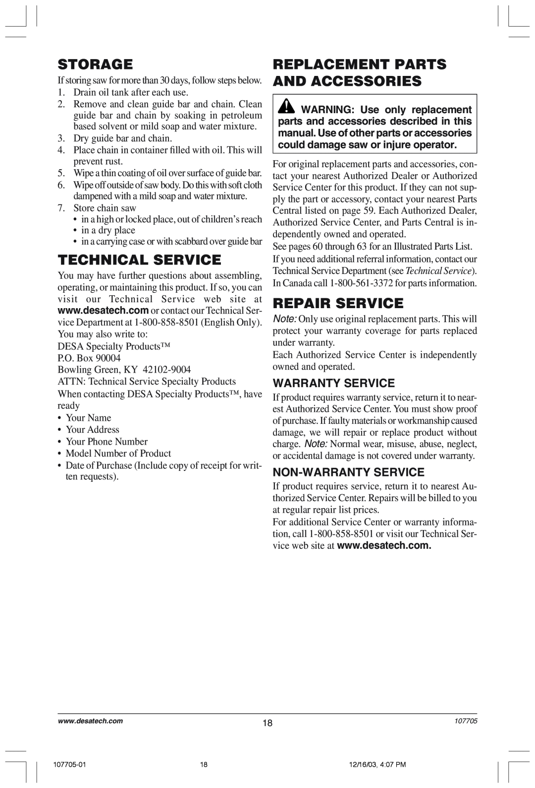 Desa 107624-01 owner manual Storage, Technical Service, Replacement Parts And Accessories, Repair Service, Warranty Service 