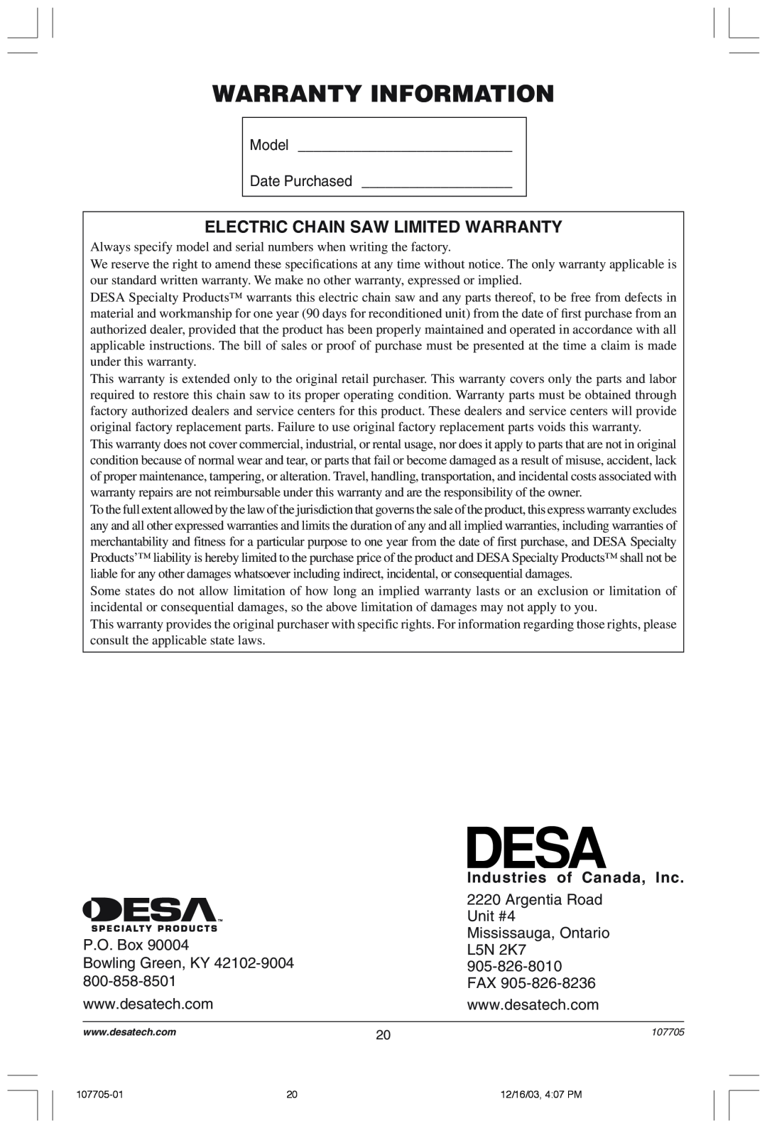 Desa 107624-01 owner manual Warranty Information, Electric Chain Saw Limited Warranty 