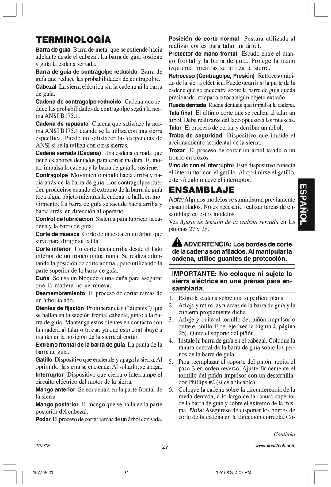 Desa 107624-01 owner manual Terminología, Ensamblaje, Espa„Ol 