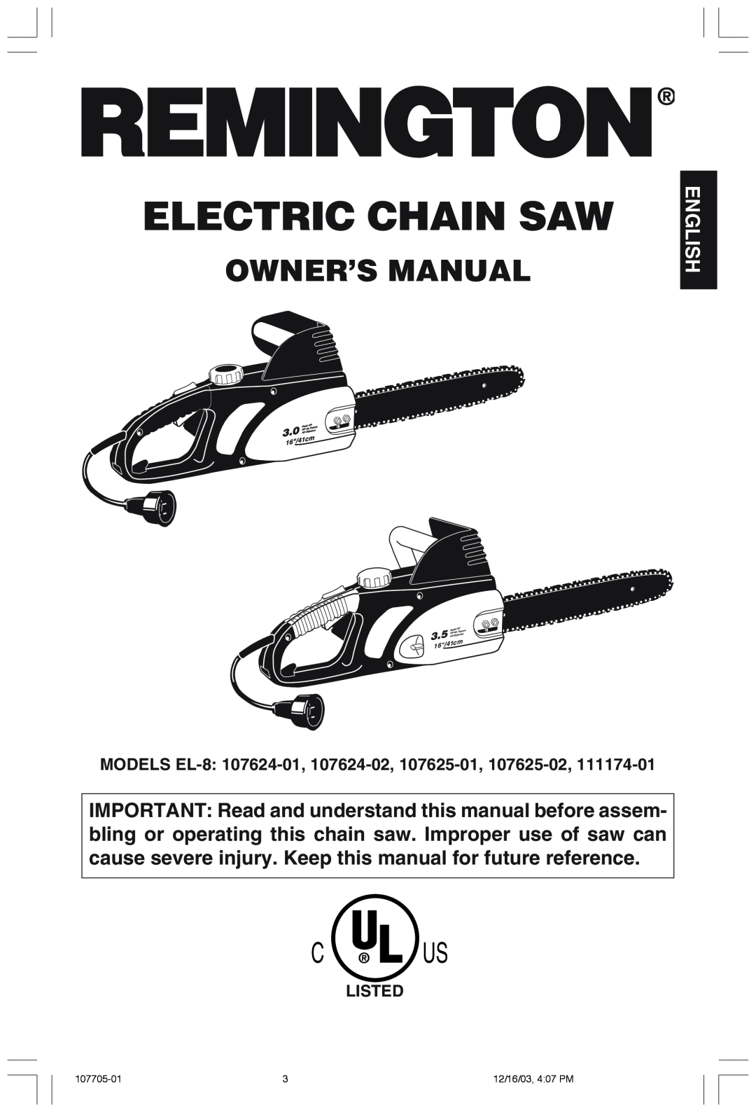 Desa 107624-01 Electric Chain Saw, C¨ Us, Listed, Owner’S Manual, 107705-01, 12/16/03, 4:07 PM, 16/41cm, Peak HP, HP M‡x 