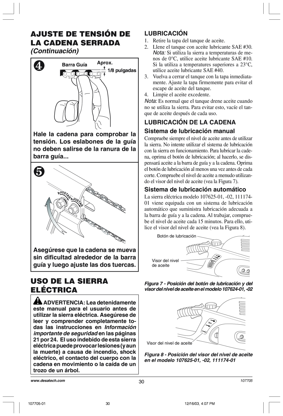 Desa 107624-01 owner manual Uso De La Sierra Eléctrica, LUBRICACIîN, Sistema de lubricaci—nautom‡tico, Continuaci—n 