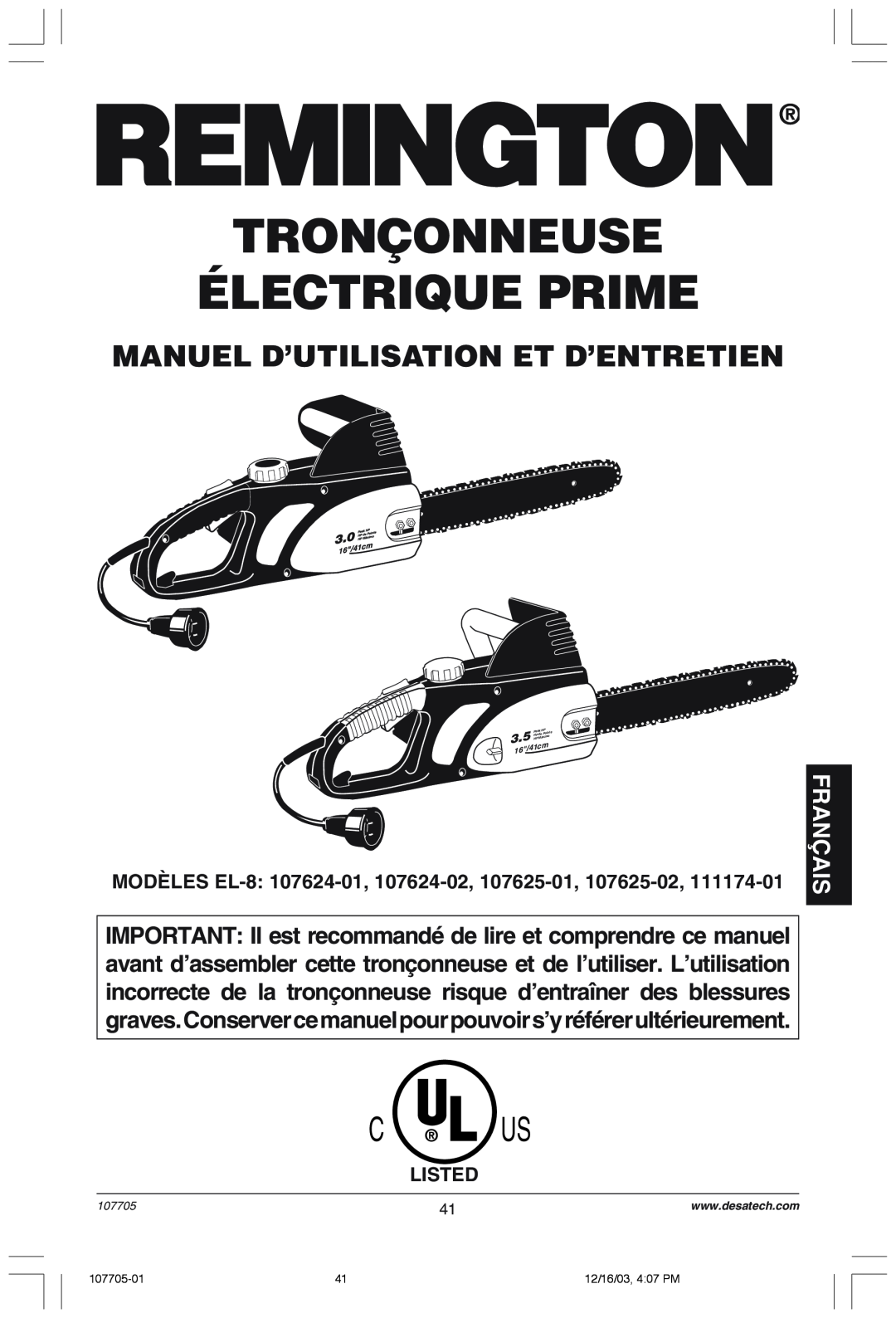 Desa 107624-01 owner manual Tronçonneuse Électrique Prime, Fran‚Ais, C¨ Us, Manuel D’Utilisation Et D’Entretien, Listed 