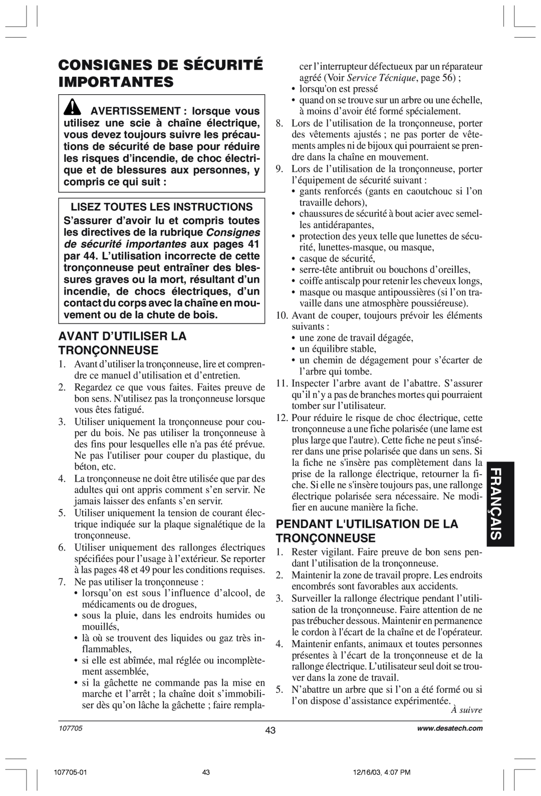 Desa 107624-01 owner manual Consignes De Sécurité Importantes, Avant Dõutiliser La Tron‚Onneuse, Fran‚Ais 
