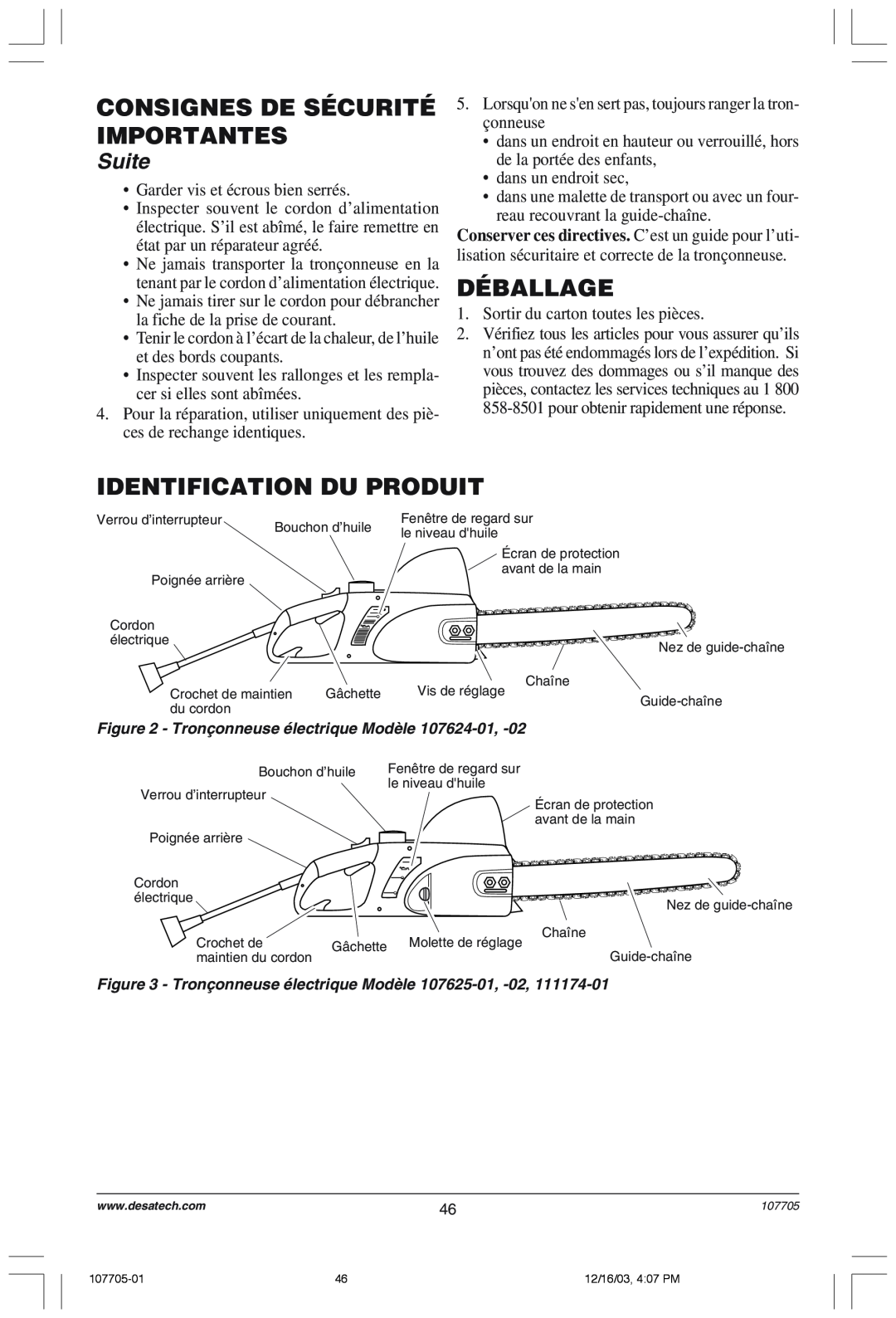 Desa 107624-01 owner manual Déballage, Identification Du Produit, Consignes De Sécurité Importantes, Suite 
