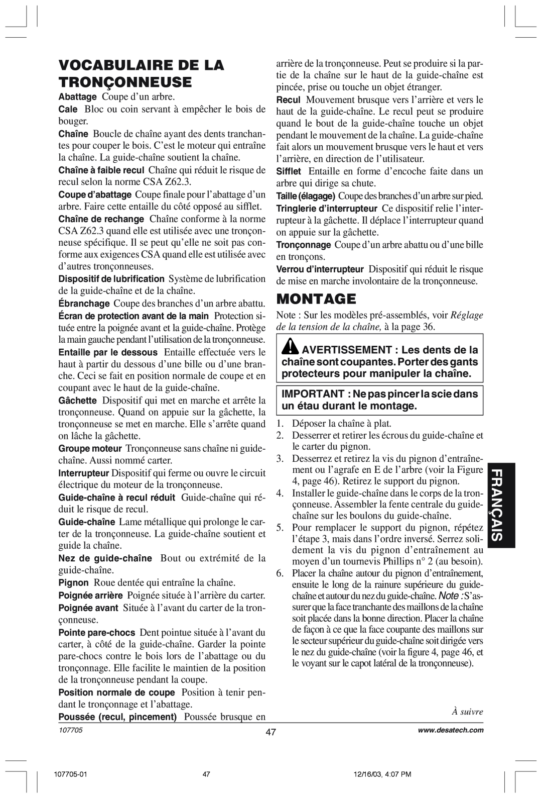 Desa 107624-01 owner manual Vocabulaire De La, Tronçonneuse, Montage, Fran‚Ais, de la tension de la chaîne, ˆ la page 