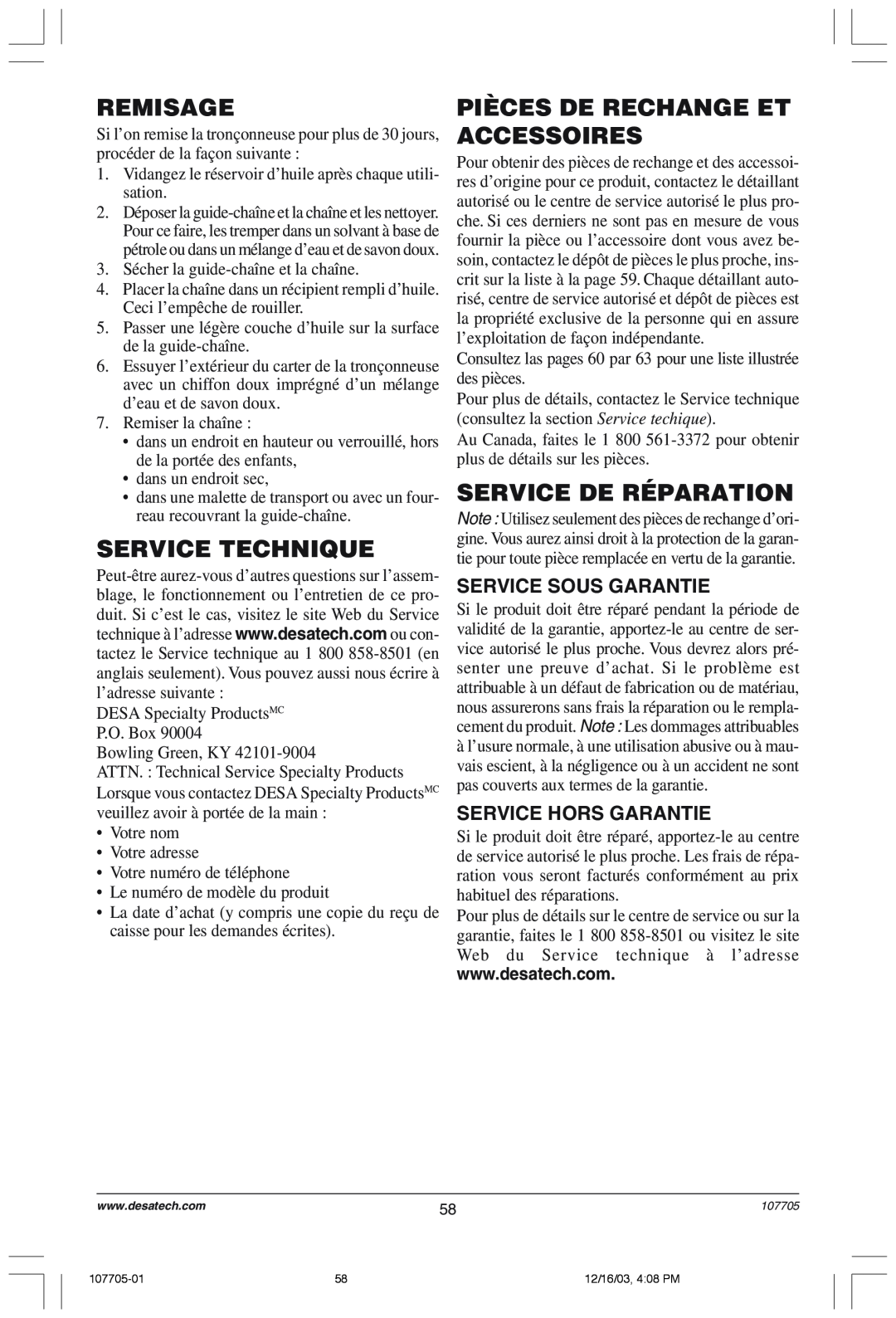 Desa 107624-01 owner manual Remisage, Service Technique, Pièces De Rechange Et Accessoires, Service De Réparation 