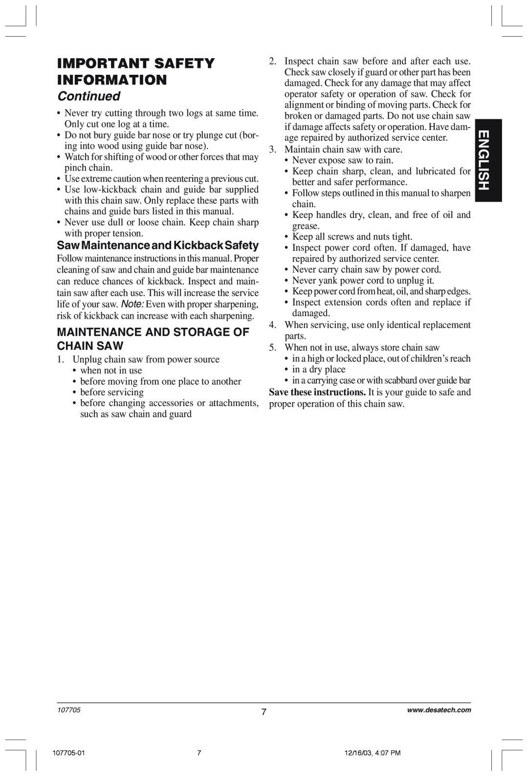 Desa 107624-01 owner manual Maintenance And Storage Of Chain Saw, Important Safety Information, English, Continued 