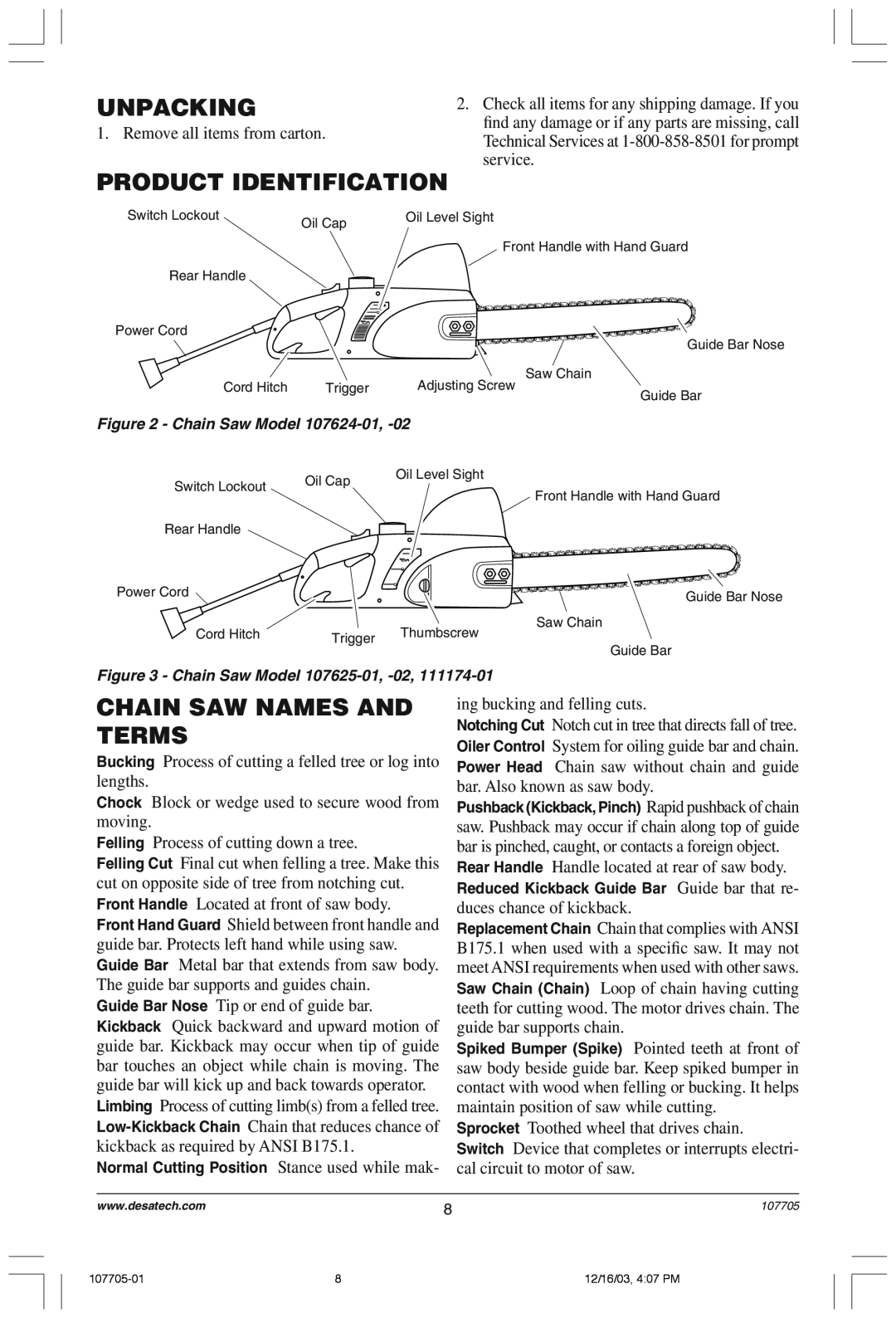 Desa 107624-01 owner manual Unpacking, Product Identification, Chain Saw Names And Terms 