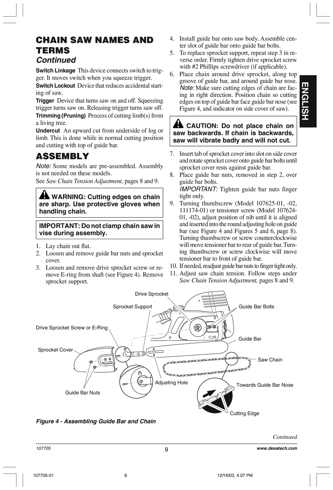 Desa 107624-01 Assembly, Chain Saw Names And Terms, English, Continued, See Saw Chain Tension Adjustment, pages 8 and 